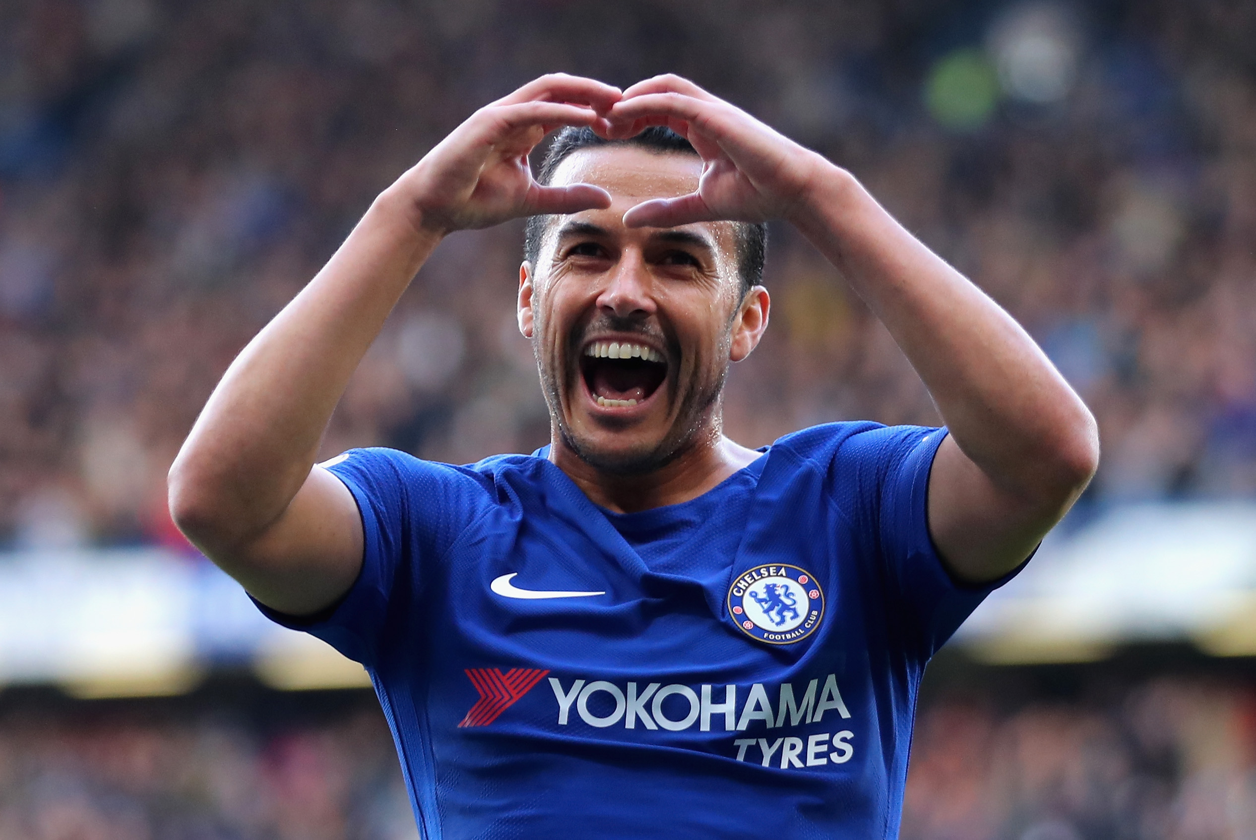 LONDON, ENGLAND - OCTOBER 21:  Pedro of Chelsea celebrates as he scores their first goal during the Premier League match between Chelsea and Watford at Stamford Bridge on October 21, 2017 in London, England.  (Photo by Richard Heathcote/Getty Images)