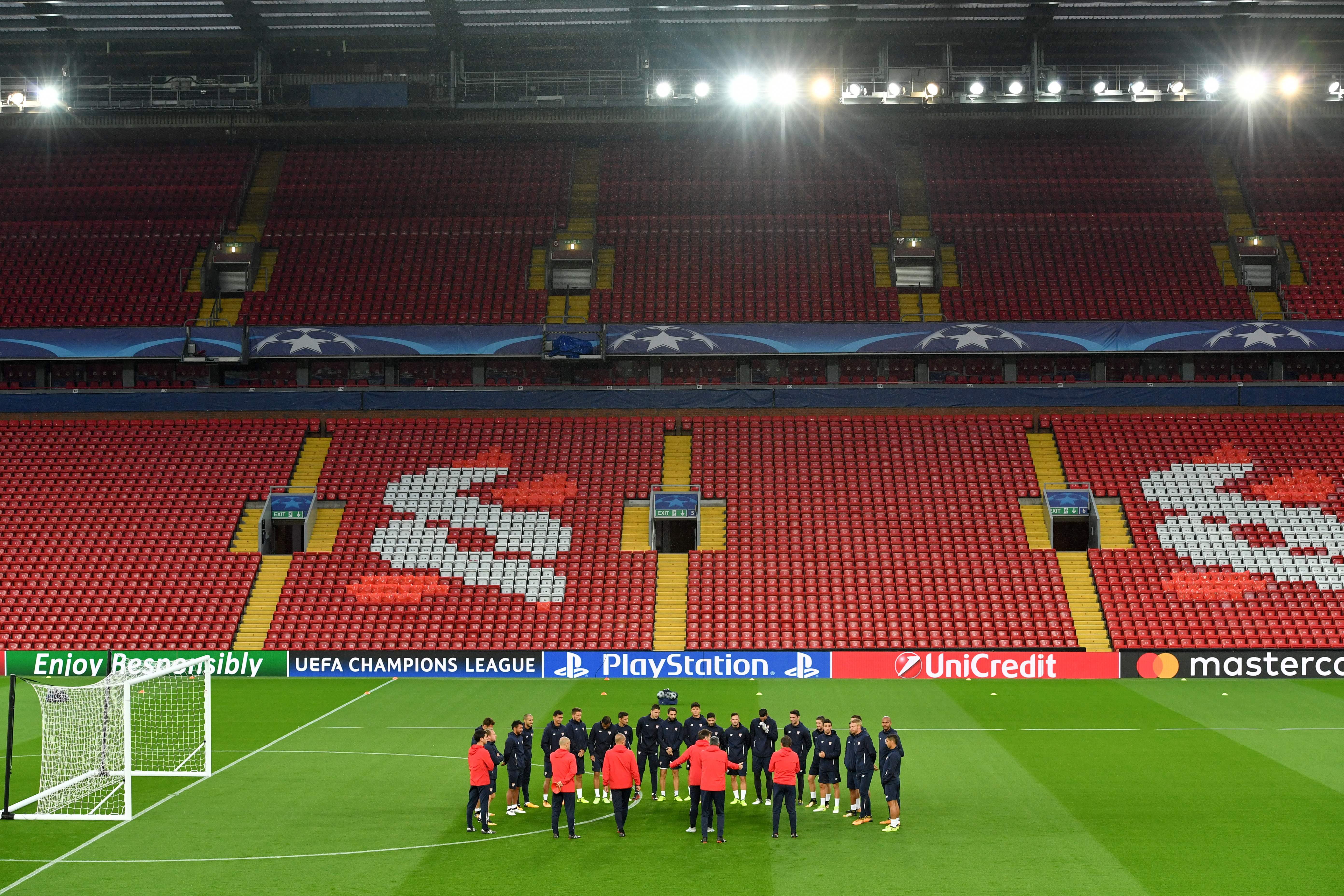 Sevilla's players attend a team trainng session at Anfield in Liverpool, north west England, on September 12, 2017, on the eve of their Champions League Group E football match against Liverpool. / AFP PHOTO / Anthony DEVLIN        (Photo credit should read ANTHONY DEVLIN/AFP/Getty Images)