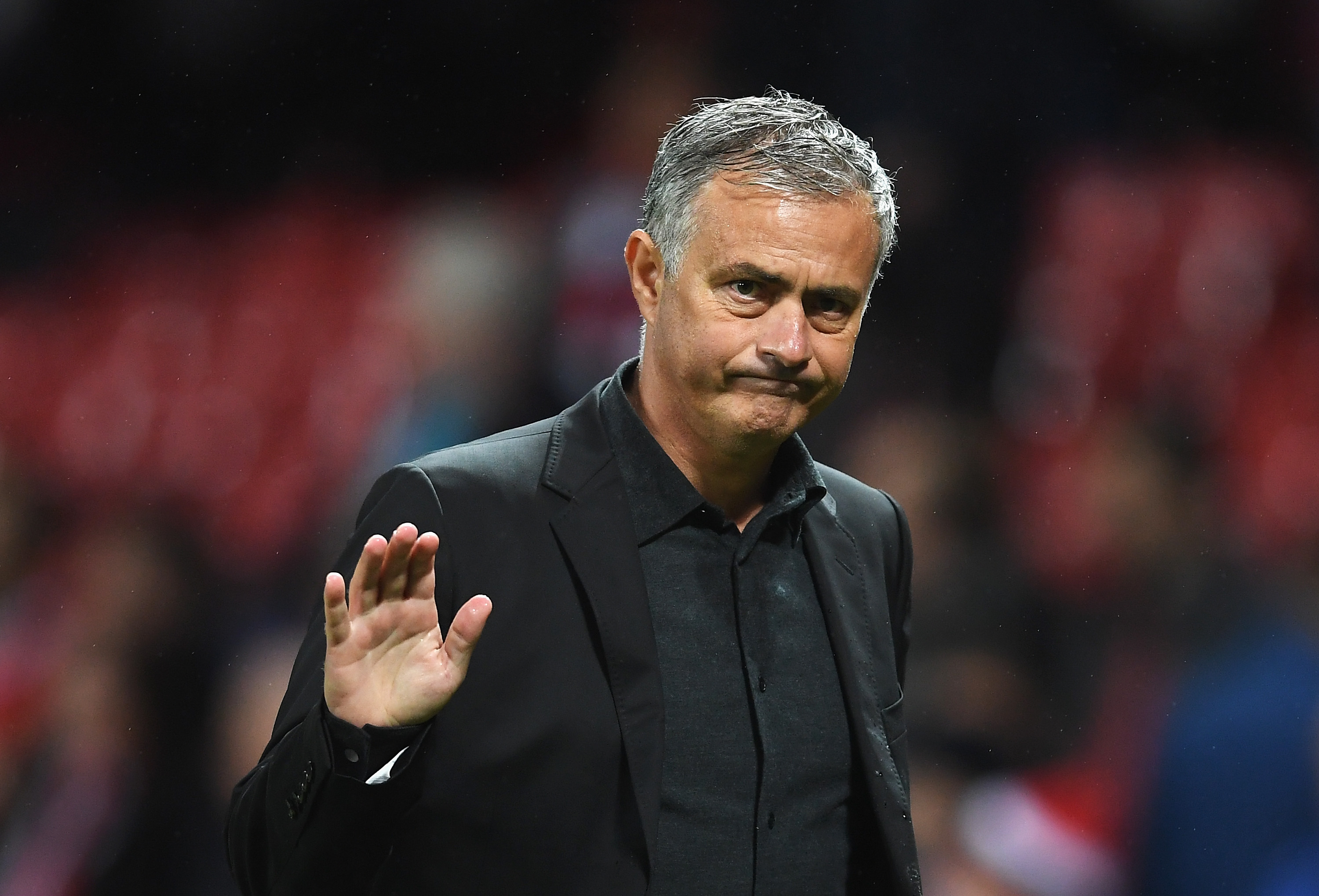 MANCHESTER, ENGLAND - SEPTEMBER 12: Jose Mourinho, Manager of Manchester United shows appreciation to the fans after the UEFA Champions League Group A match between Manchester United and FC Basel at Old Trafford on September 12, 2017 in Manchester, United Kingdom. (Photo by Laurence Griffiths/Getty Images)