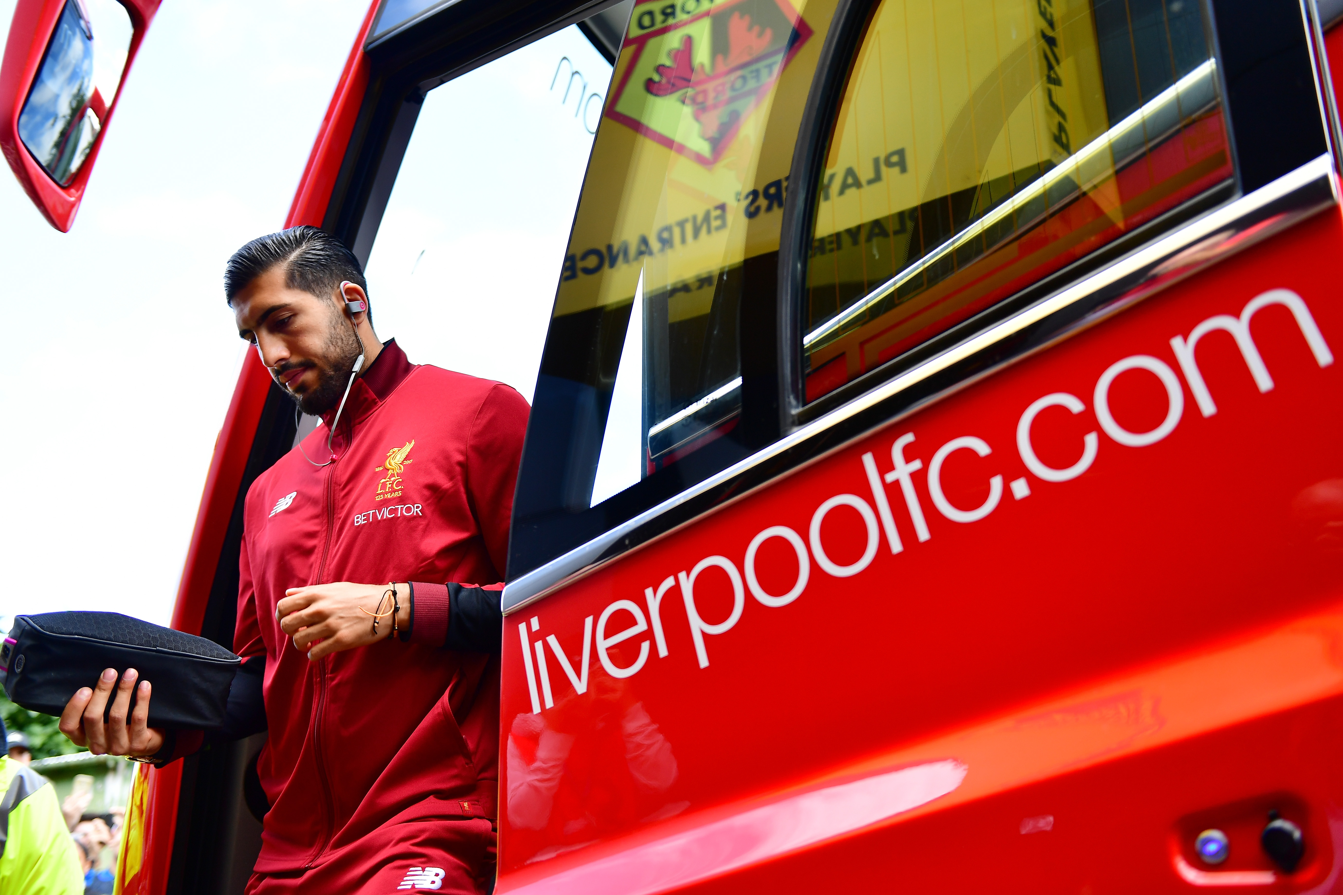 WATFORD, ENGLAND - AUGUST 12: Emre Can of Liverpool arrives at the stadium prior to the Premier League match between Watford and Liverpool at Vicarage Road on August 12, 2017 in Watford, England. (Photo by Alex Broadway/Getty Images)