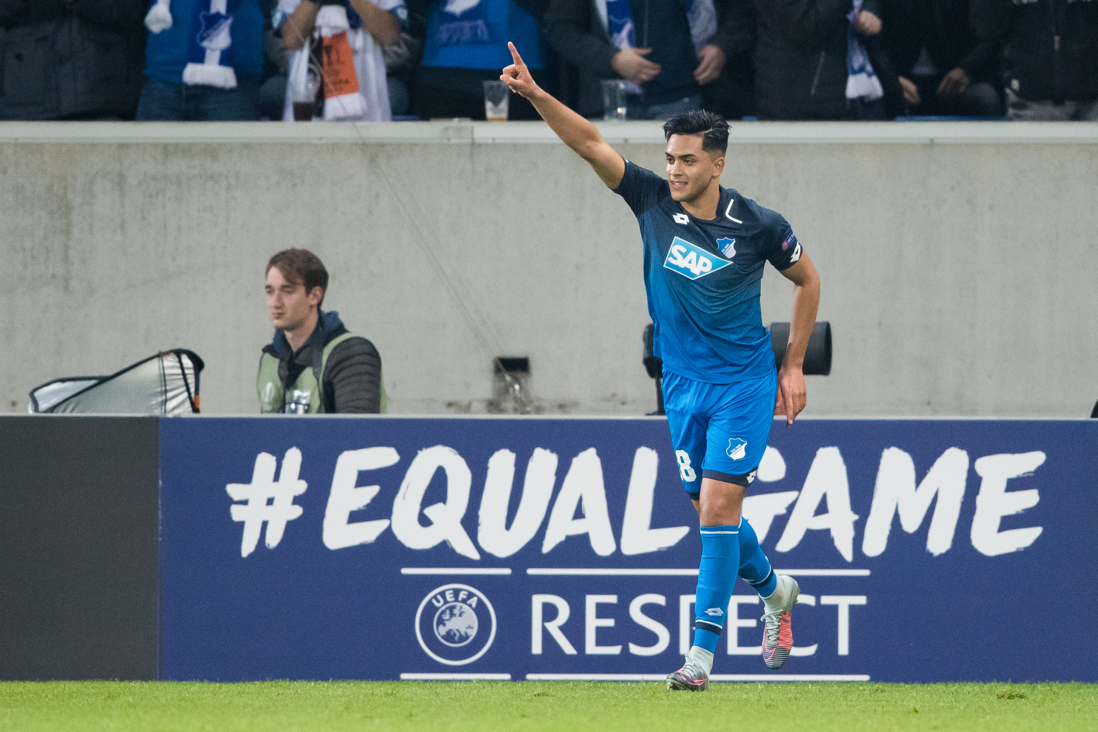SINSHEIM, GERMANY - OCTOBER 19: Nadiem Amiri of Hoffenheim celebrates his team's second goal during the UEFA Europa League group C match between 1899 Hoffenheim and Istanbul Basaksehir F.K. at Wirsol Rhein-Neckar-Arena on October 19, 2017 in Sinsheim, Germany. (Photo by Simon Hofmann/Bongarts/Getty Images)