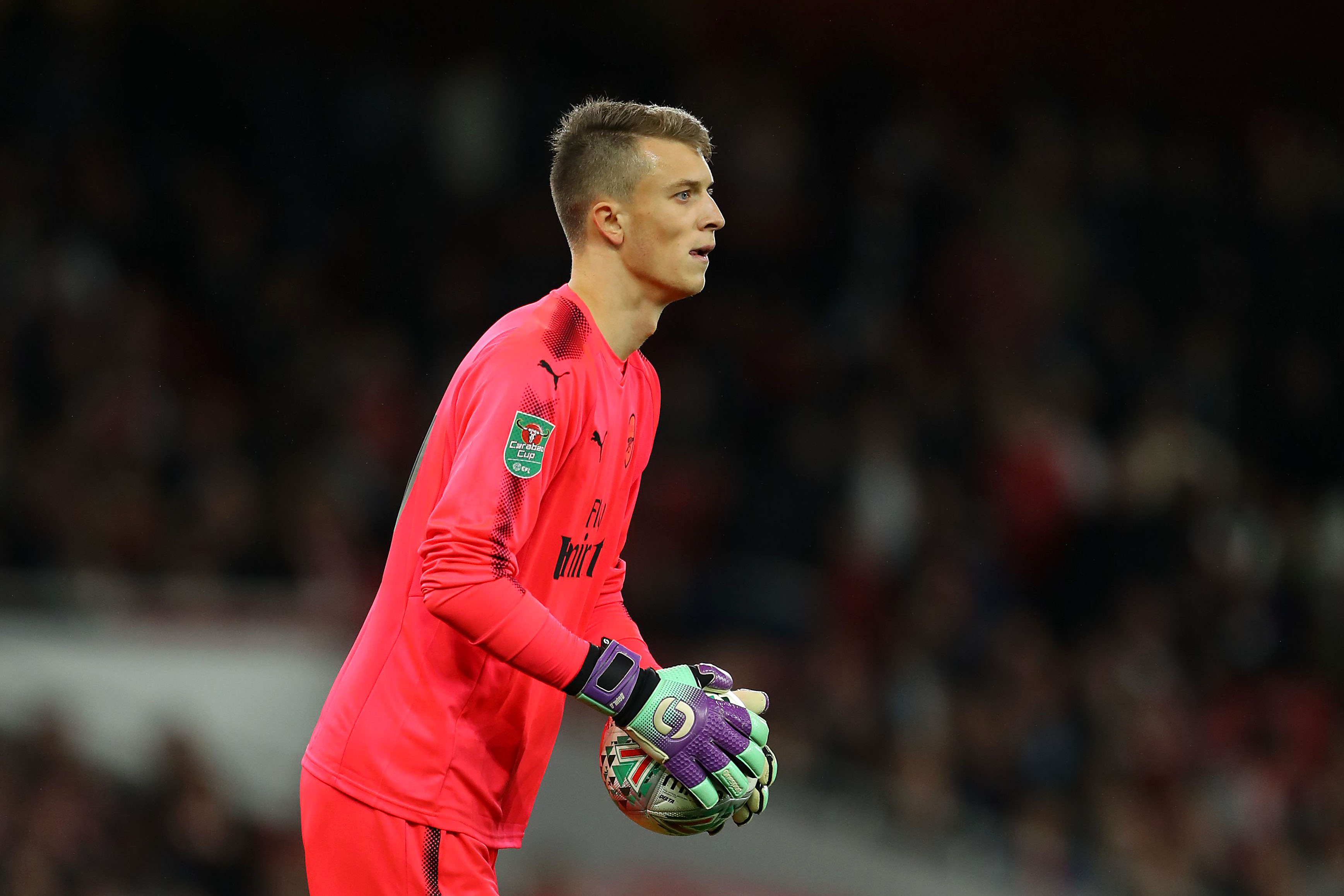 LONDON, ENGLAND - OCTOBER 24: Matt Macey of Arsenal in action during the Carabao Cup Fourth Round match between Arsenal and Norwich City at Emirates Stadium on October 24, 2017 in London, England. (Photo by Richard Heathcote/Getty Images)
