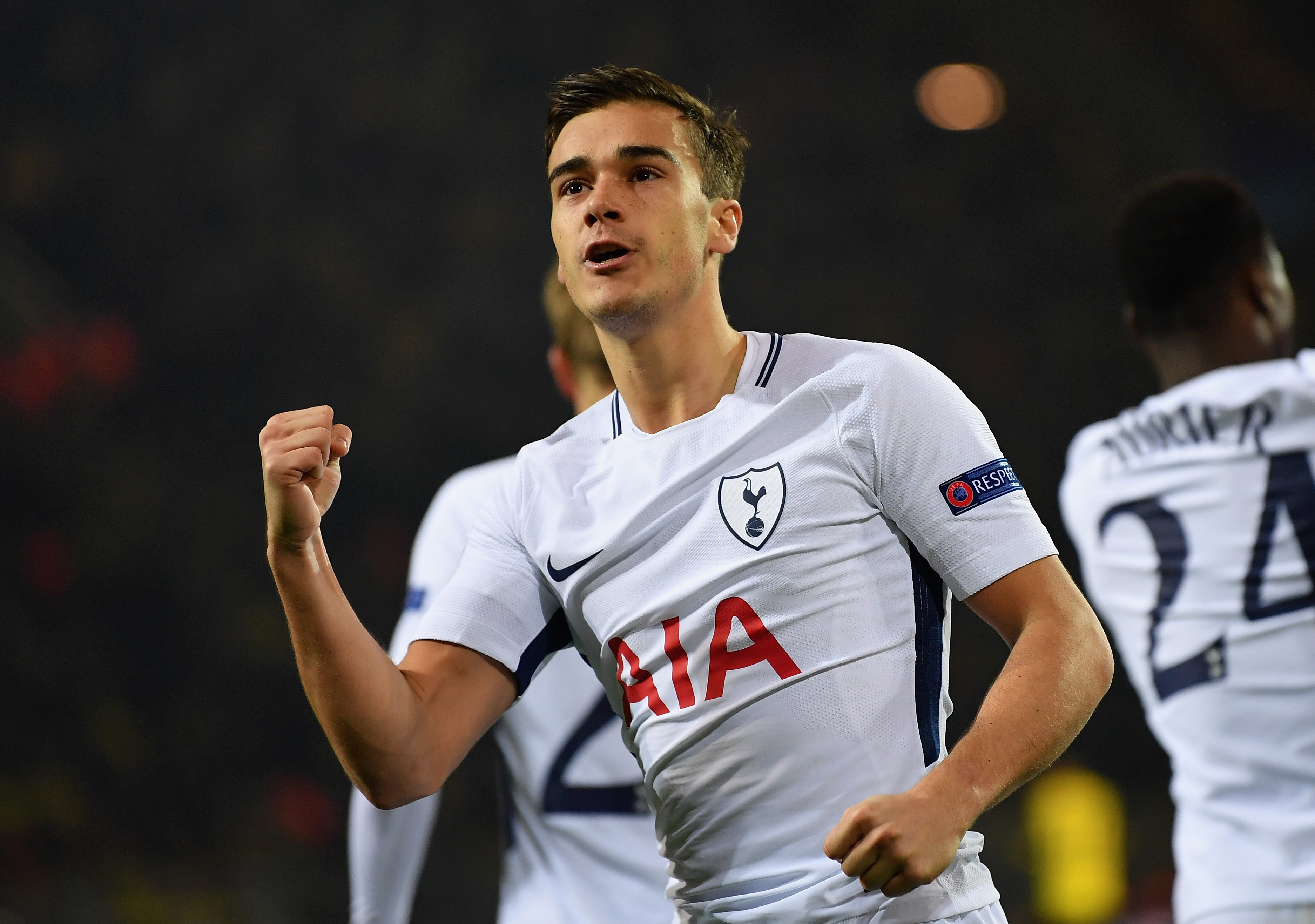 DORTMUND, GERMANY - NOVEMBER 21: Harry Winks of Tottenham Hotspur celebrates after Harry Kane of Tottenham Hotspur (not pictured) scored their sides first goal during the UEFA Champions League group H match between Borussia Dortmund and Tottenham Hotspur at Signal Iduna Park on November 21, 2017 in Dortmund, Germany. (Photo by Stuart Franklin/Getty Images)