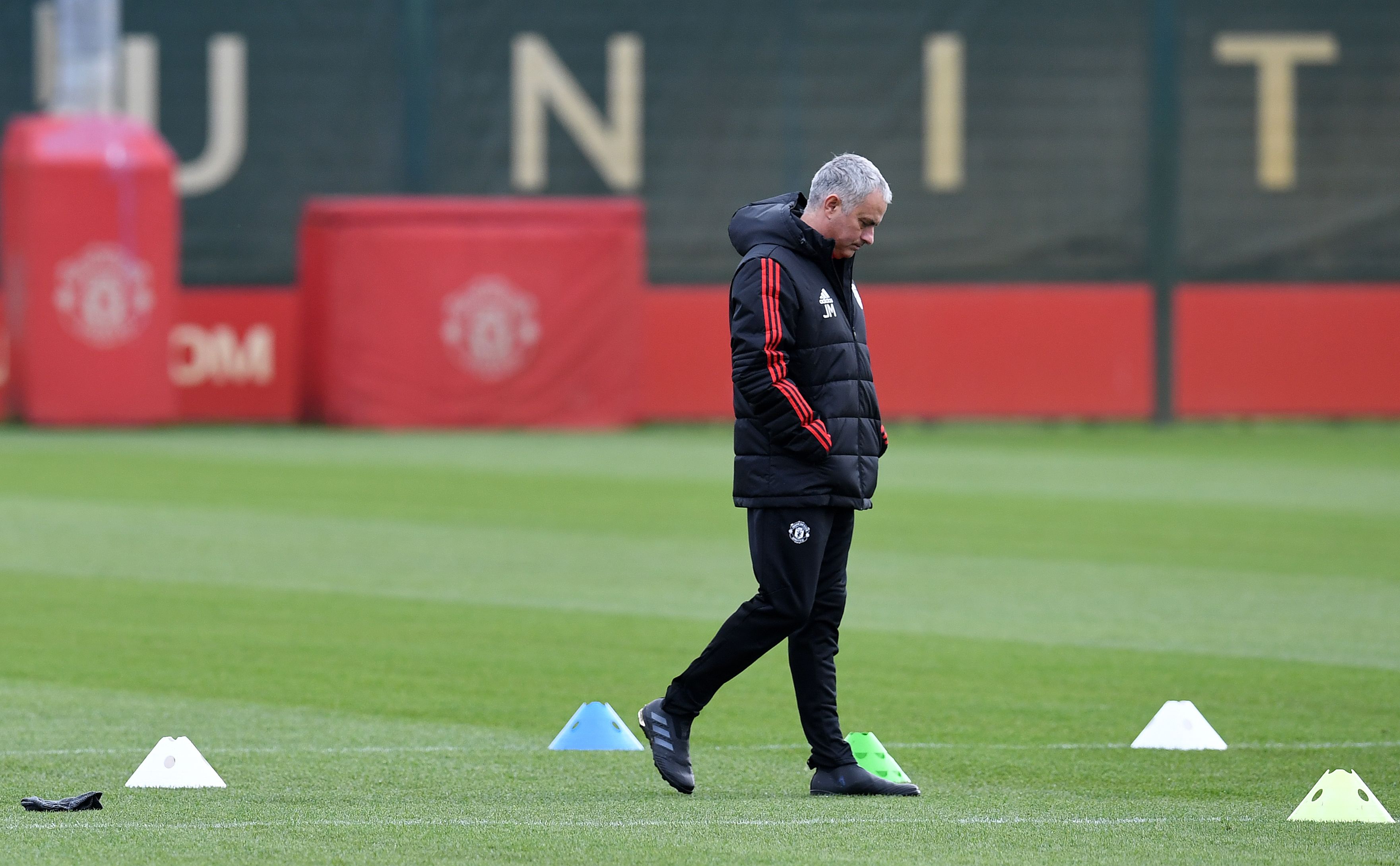 Manchester United's Portuguese manager Jose Mourinho attends a team training session at the club's training complex near Carrington, west of Manchester in north west England on November 21, 2017, on the eve of their UEFA Champions League Group A football match against Basel. / AFP PHOTO / Paul ELLIS (Photo credit should read PAUL ELLIS/AFP/Getty Images)