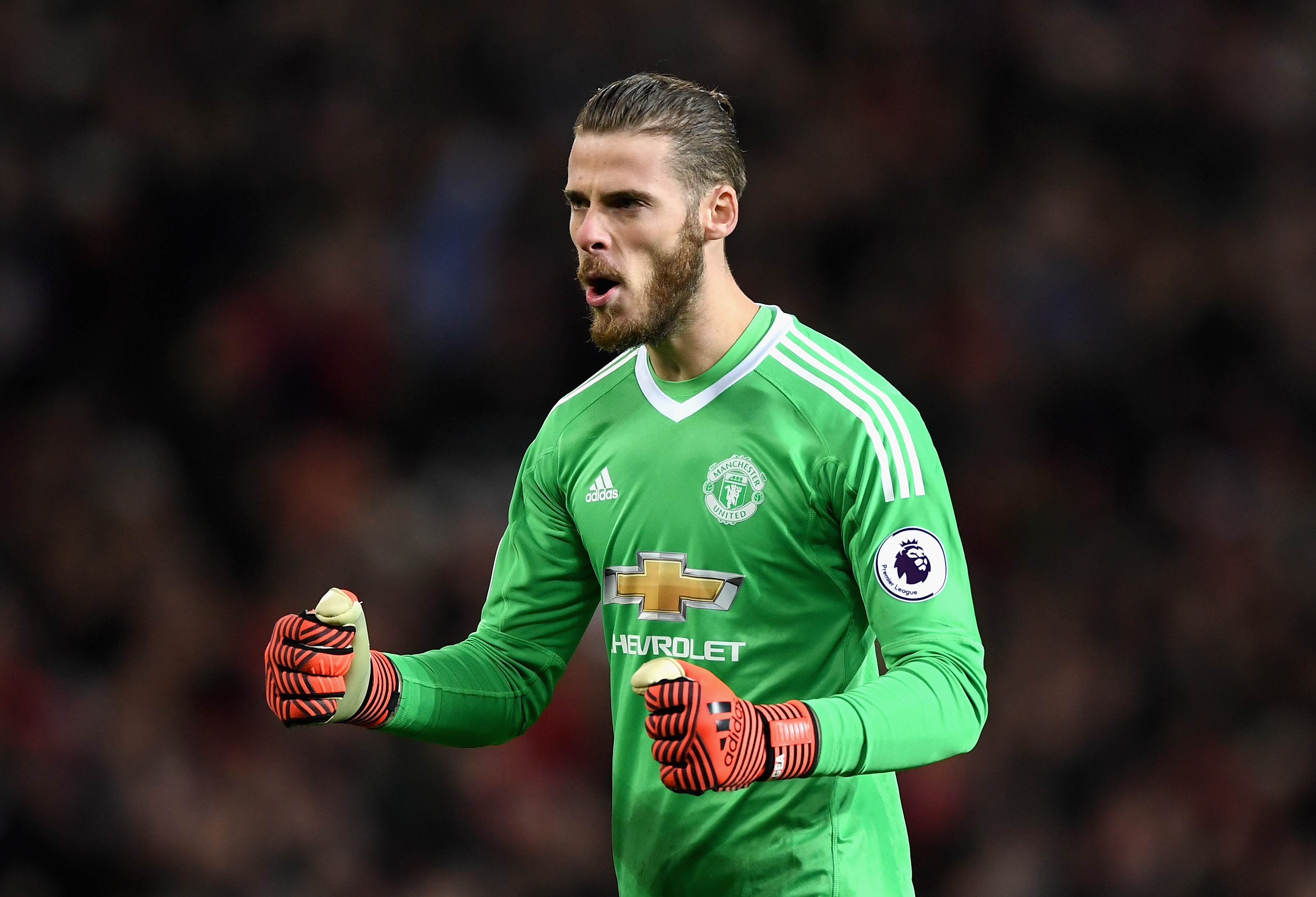 MANCHESTER, ENGLAND - NOVEMBER 18: David De Gea of Manchester United celebrates after Anthony Martial scoring their sides first goal during the Premier League match between Manchester United and Newcastle United at Old Trafford on November 18, 2017 in Manchester, England. (Photo by Gareth Copley/Getty Images)