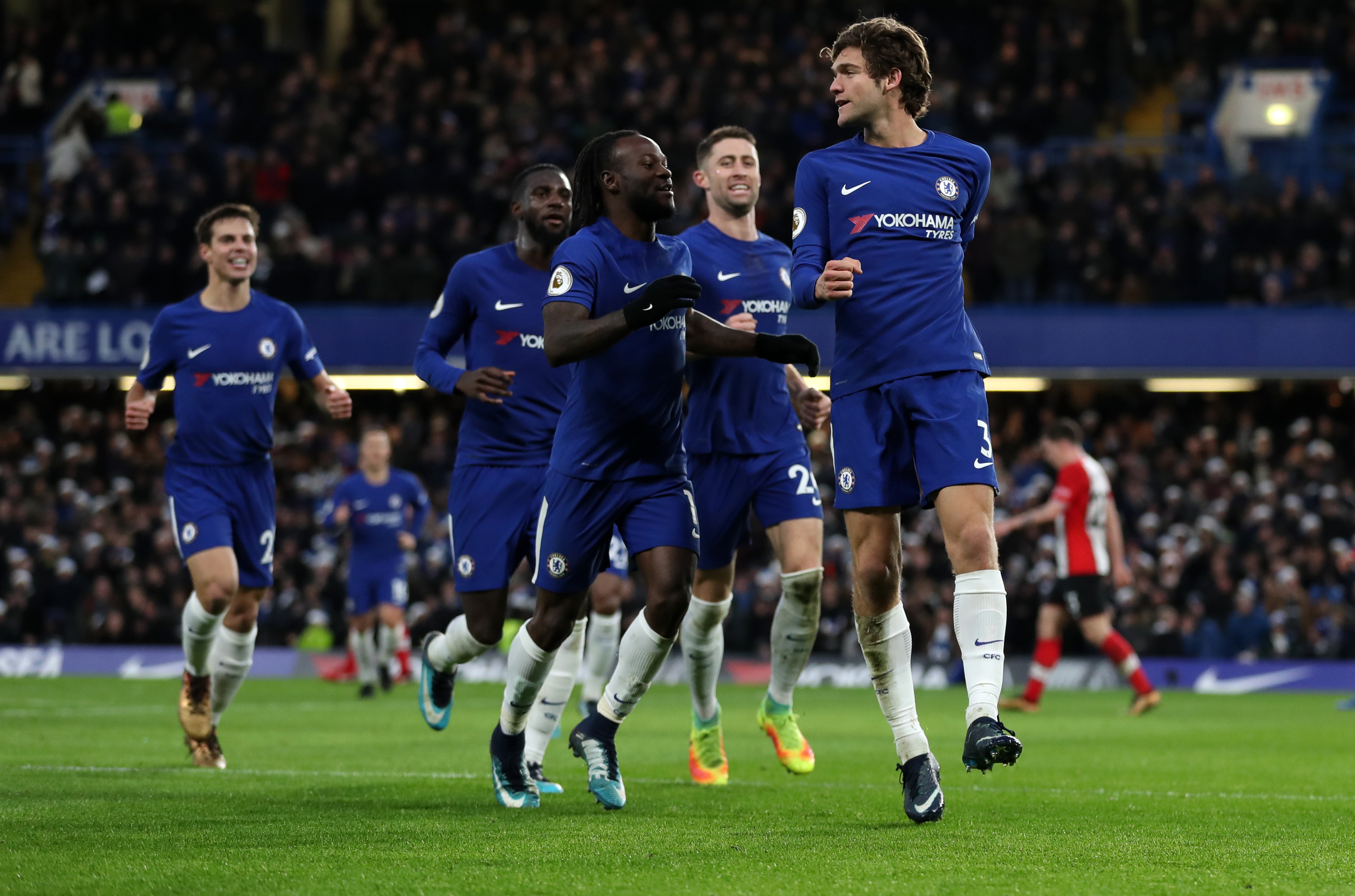 LONDON, ENGLAND - DECEMBER 16: Marcos Alonso of Chelsea celebrates after scoring his sides first goal during the Premier League match between Chelsea and Southampton at Stamford Bridge on December 16, 2017 in London, England. (Photo by Catherine Ivill/Getty Images)