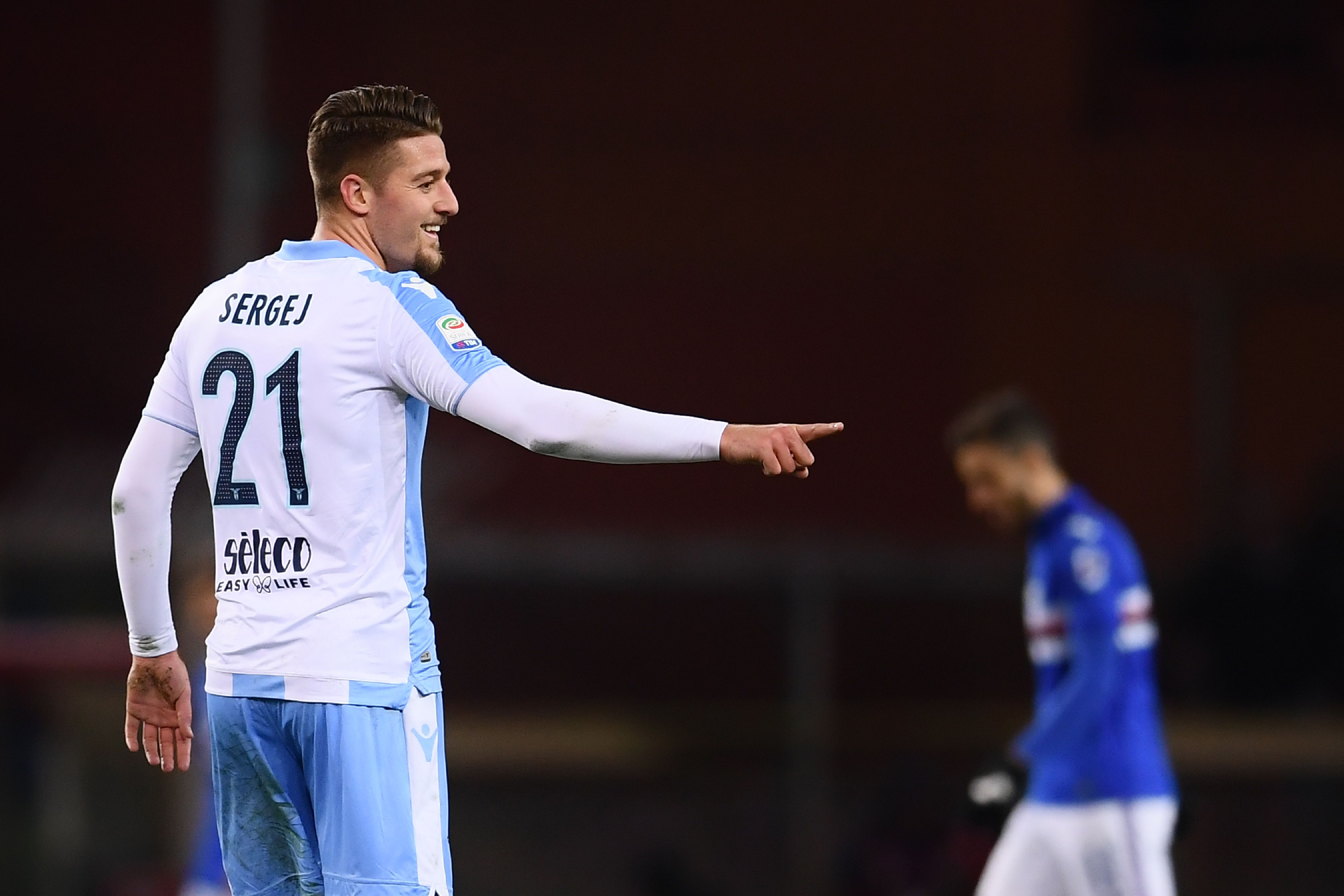 Lazio's midfielder from Serbia Sergej Milinkovic-Savic celebrates after scoring during the Italian Serie A football match Sampdoria Vs Lazio on December 3, 2017 at the 'Luigi Ferraris stadium' in Genoa. / AFP PHOTO / Marco BERTORELLO (Photo credit should read MARCO BERTORELLO/AFP/Getty Images)