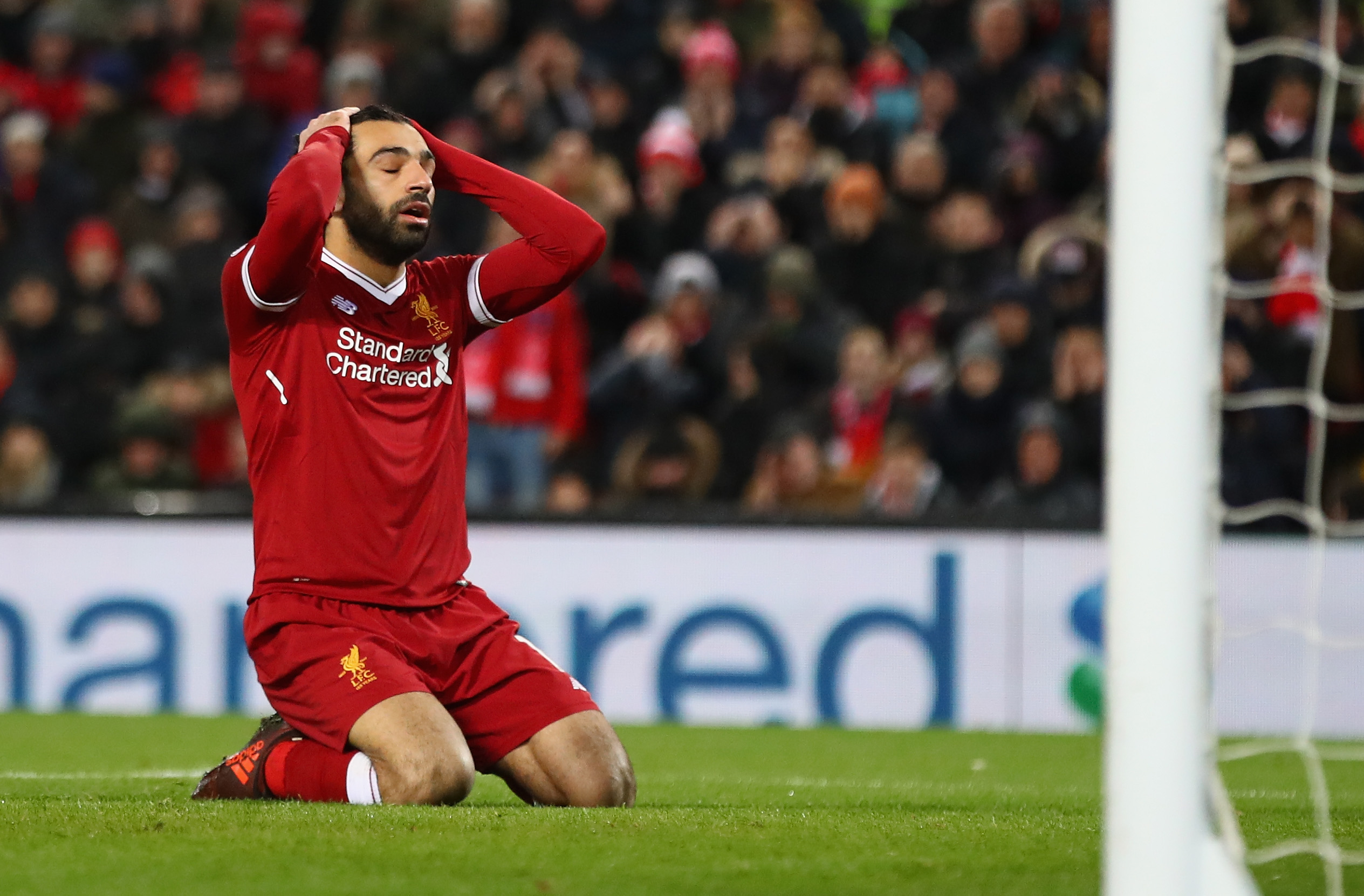 LIVERPOOL, ENGLAND - DECEMBER 13: Mohamed Salah of Liverpool reacts after a near miss during the Premier League match between Liverpool and West Bromwich Albion at Anfield on December 13, 2017 in Liverpool, England. (Photo by Clive Brunskill/Getty Images)
