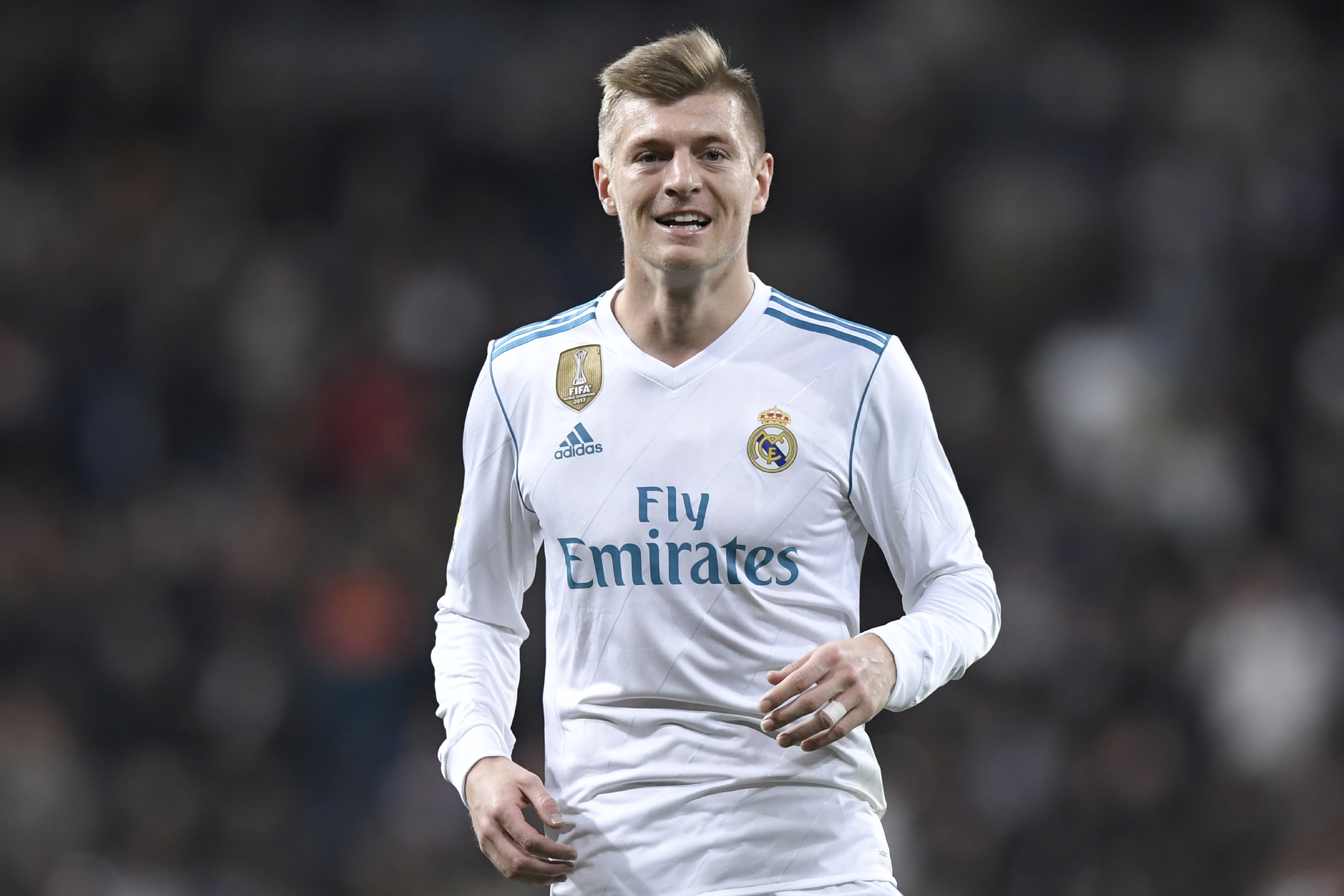 Real Madrid's German midfielder Toni Kroos celebrates after scoringduring the Spanish league football match between Real Madrid CF and Real Sociedad at the Santiago Bernabeu stadium in Madrid on February 10, 2018. / AFP PHOTO / GABRIEL BOUYS        (Photo credit should read GABRIEL BOUYS/AFP/Getty Images)