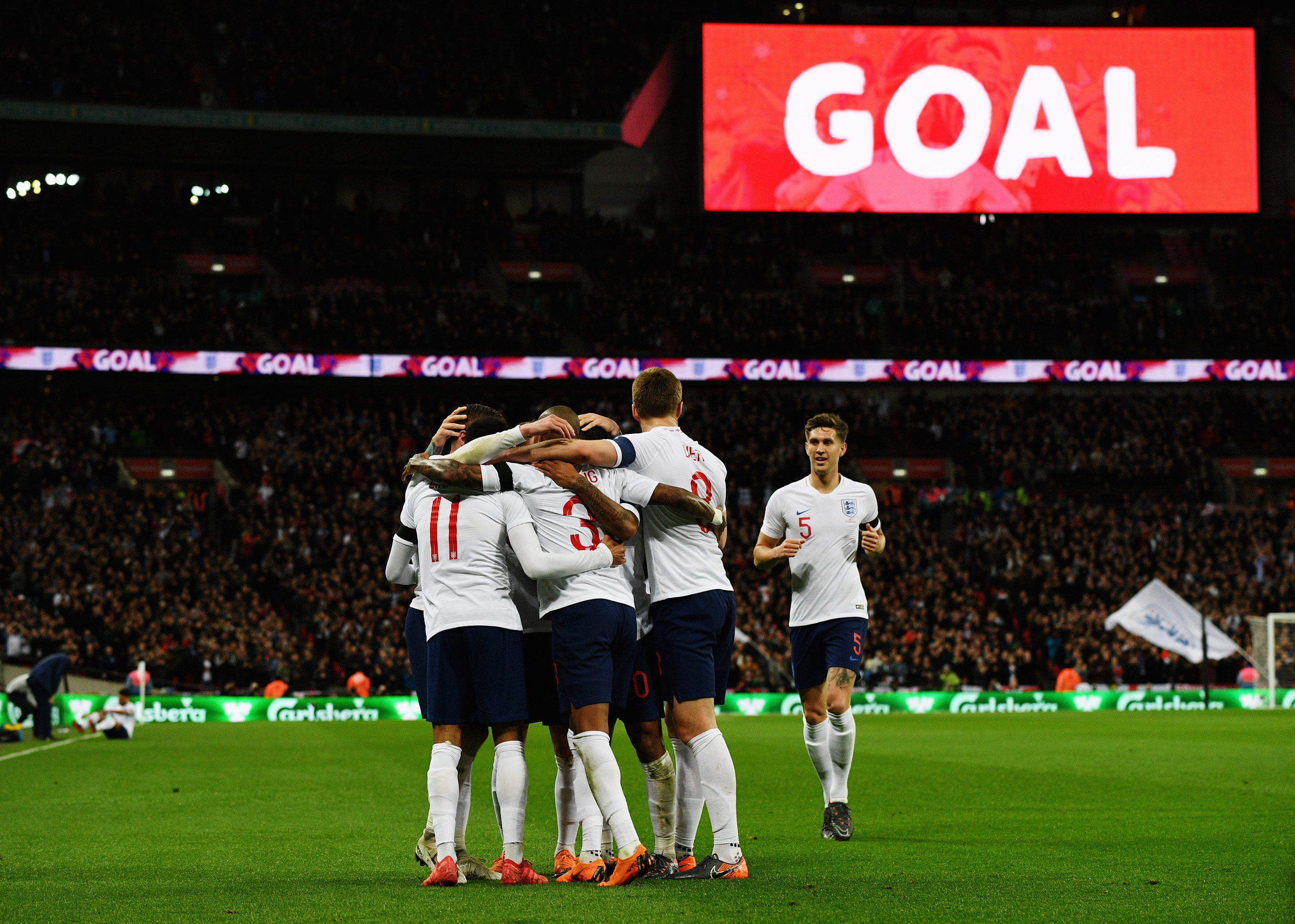 LONDON, ENGLAND - MARCH 27:  Jamie Vardy of England celebrates after scoring the opening goal during the friendly match between England and Italy at Wembley Stadium on March 27, 2018 in London, England.  (Photo by Claudio Villa/Getty Images)