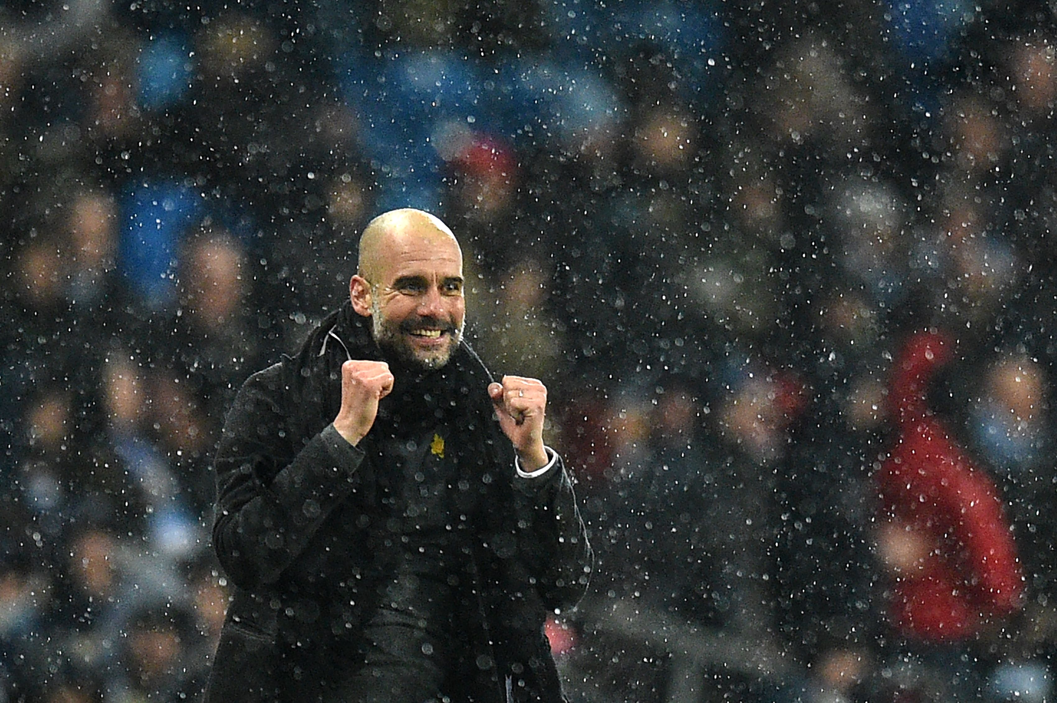 Manchester City's Spanish manager Pep Guardiola reacts after the English Premier League football match between Manchester City and Chelsea at the Etihad Stadium in Manchester, north west England on March 4, 2018. / AFP PHOTO / Oli SCARFF / RESTRICTED TO EDITORIAL USE. No use with unauthorized audio, video, data, fixture lists, club/league logos or 'live' services. Online in-match use limited to 75 images, no video emulation. No use in betting, games or single club/league/player publications. / (Photo credit should read OLI SCARFF/AFP/Getty Images)