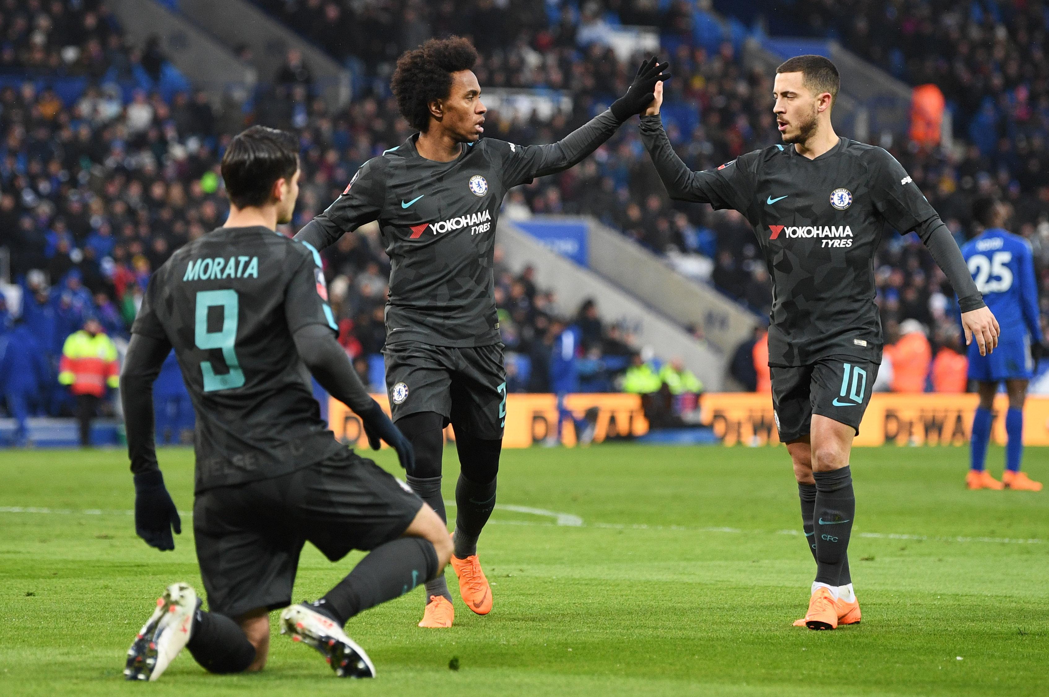 LEICESTER, ENGLAND - MARCH 18: Alvaro Morata of Chelsea celebrates as he scores their first goal with Willian and Eden Hazard during The Emirates FA Cup Quarter Final match between Leicester City and Chelsea at The King Power Stadium on March 18, 2018 in Leicester, England. (Photo by Michael Regan/Getty Images)