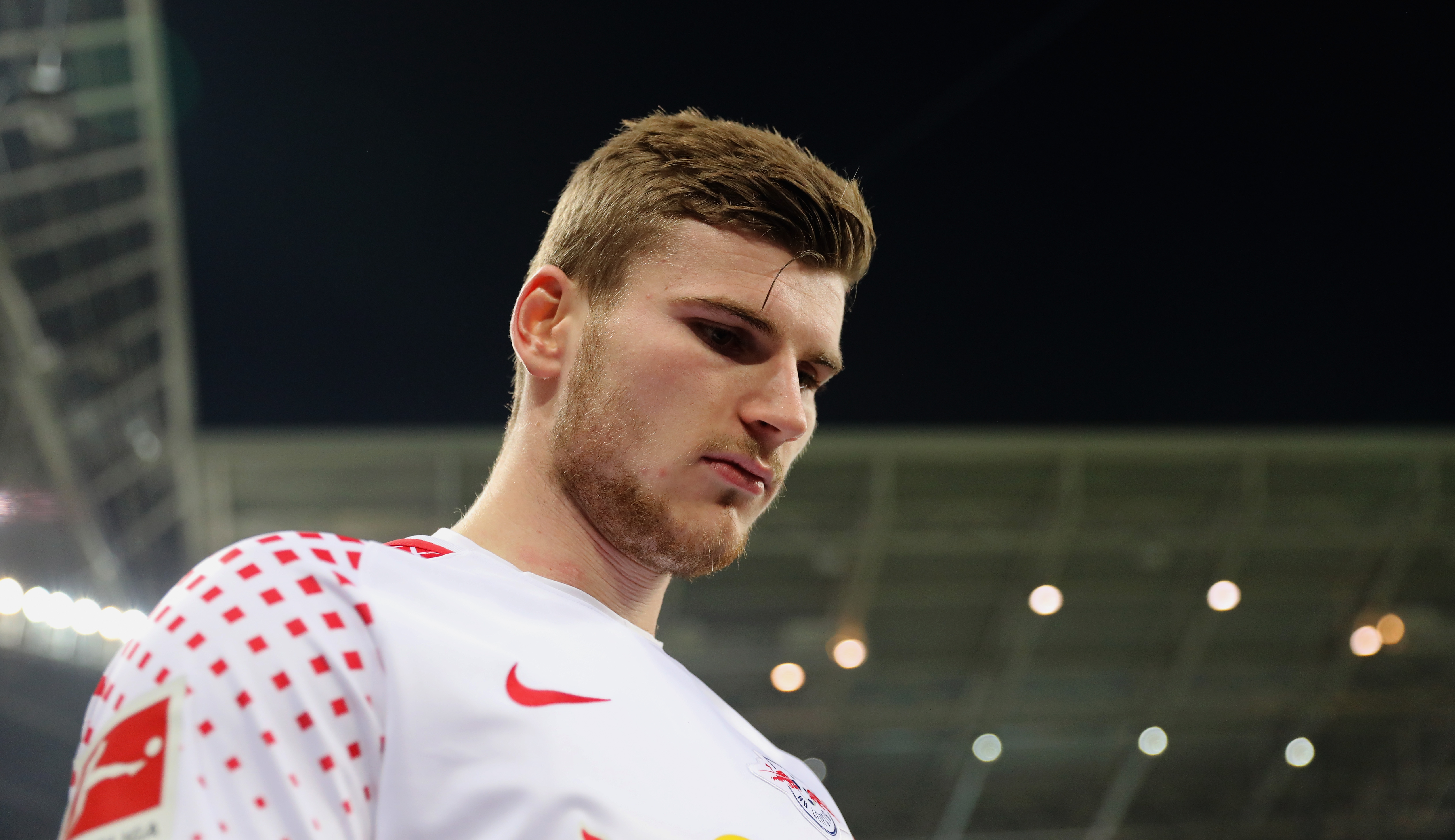 LEIPZIG, GERMANY - MARCH 03: Timo Werner of RB Leipzig walks on the pitch during the Bundesliga match between RB Leipzig and Borussia Dortmund at Red Bull Arena on March 3, 2018 in Leipzig, Germany. (Photo by Boris Streubel/Bongarts/Getty Images)