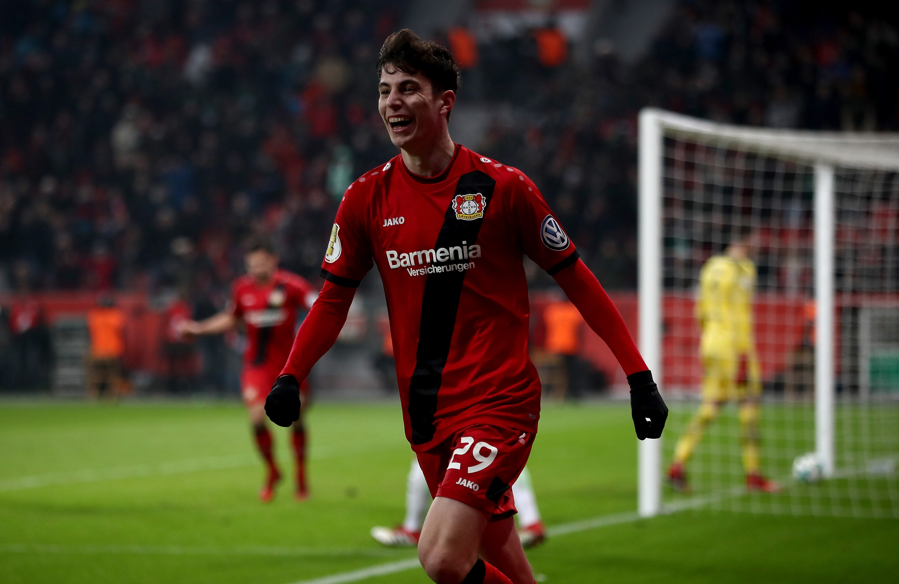 LEVERKUSEN, GERMANY - FEBRUARY 06: Kai Havertz of Leverkusen celebrates after he scores the 4th goal during extra time during the DFB Cup quarter final match between Bayer Leverkusen and Werder Bremen at BayArena on February 6, 2018 in Leverkusen, Germany.  (Photo by Alex Grimm/Bongarts/Getty Images)