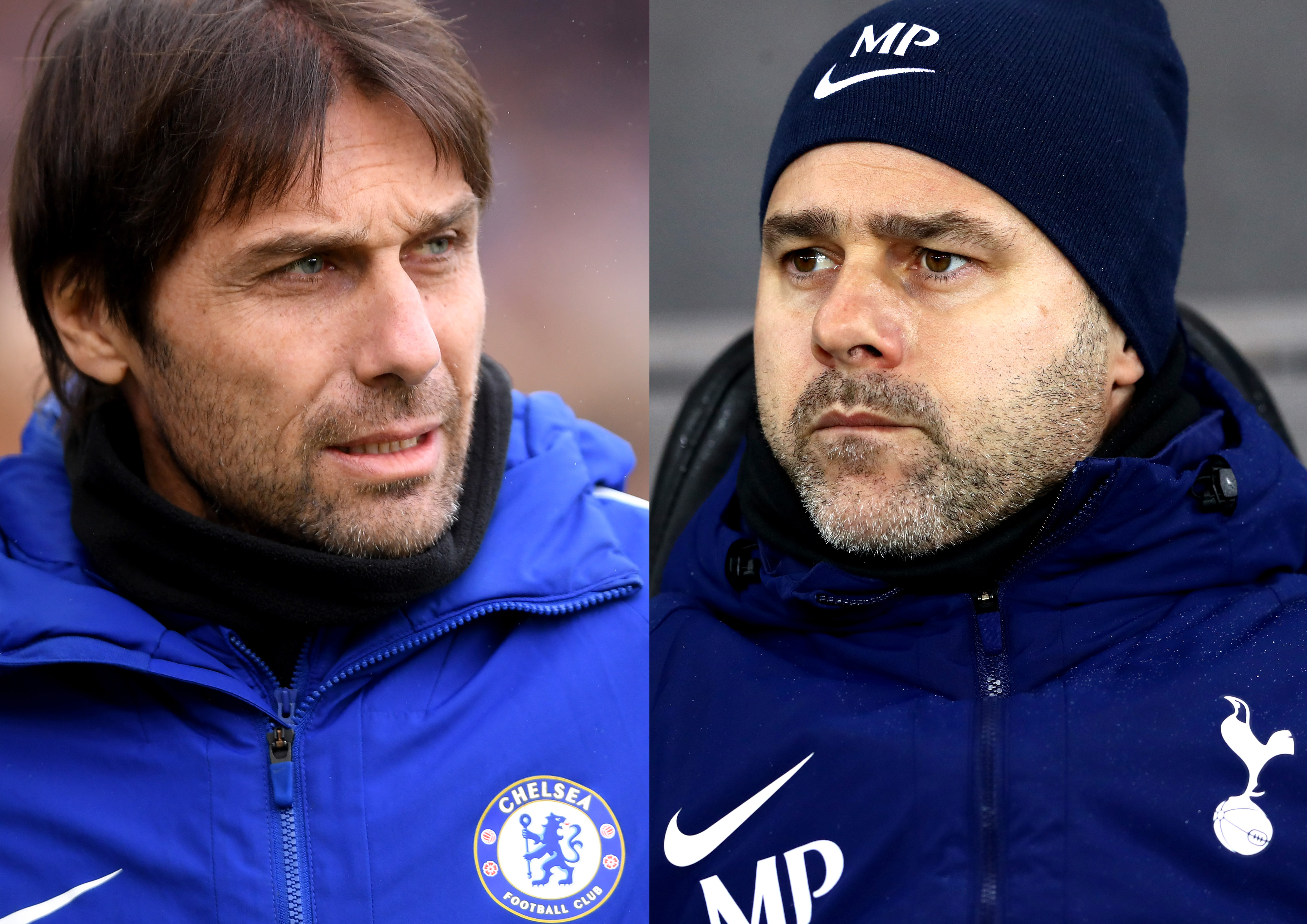 FILE PHOTO (EDITORS NOTE: COMPOSITE OF TWO IMAGES - Image numbers (L) 907499970 and 900556924) In this composite image a comparison has been made between Antonio Conte, Manager of Chelsea (L) and Mauricio Pochettino, Manager of Tottenham Hotspur. Chelsea and Tottenham Hotspur meet in a Premier League match at Stamford Bridge on April 1, 2018 in London,England. ***LEFT IMAGE*** BRIGHTON, ENGLAND - JANUARY 20: Antonio Conte, Manager of Chelsea looks on prior to the Premier League match between Brighton and Hove Albion and Chelsea at Amex Stadium on January 20, 2018 in Brighton, England. (Photo by Mike Hewitt/Getty Images) ***RIGHT IMAGE*** SWANSEA, WALES - JANUARY 02: Mauricio Pochettino, Manager of Tottenham Hotspur looks on prior to the Premier League match between Swansea City and Tottenham Hotspur at Liberty Stadium on January 2, 2018 in Swansea, Wales. (Photo by Michael Steele/Getty Images)