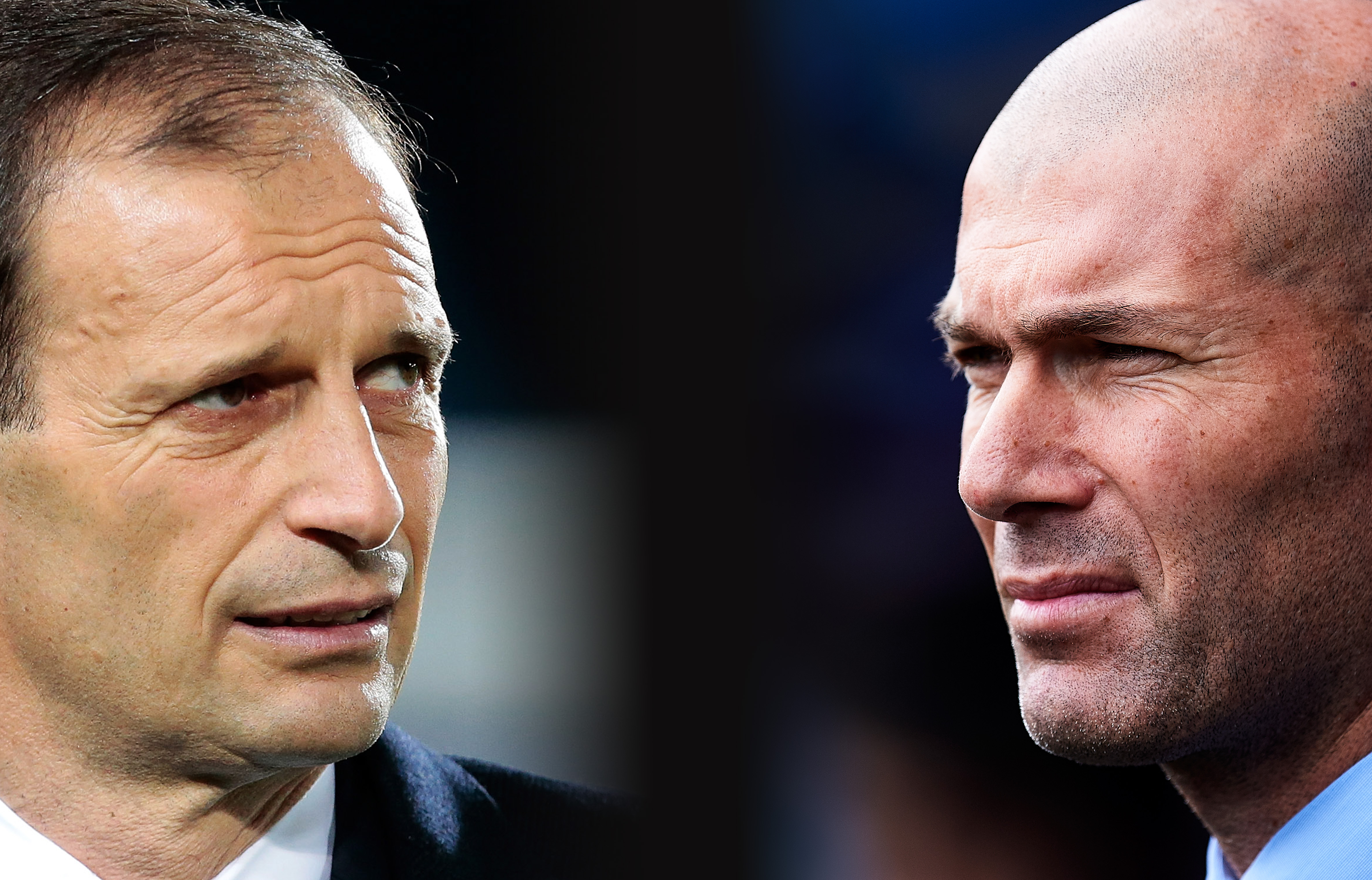 FILE PHOTO (EDITORS NOTE: GRADIENT ADDED - COMPOSITE OF TWO IMAGES - Image numbers (L) 674881574 and 930048502) In this composite image a comparison has been made between Juventus FC Head coach Massimiliano Allegri and Head coach Zinedine Zidane of Real Madrid . Juventus and Real Madrid meet in a UEFA Champions League Quarter Final over 2 legs. ***LEFT IMAGE*** BERGAMO, ITALY - APRIL 28: Juventus FC coach Massimiliano Allegri looks on before the Serie A match between Atalanta BC and Juventus FC at Stadio Atleti Azzurri d'Italia on April 28, 2017 in Bergamo, Italy. (Photo by Emilio Andreoli/Getty Images) ***RIGHT IMAGE*** EIBAR, SPAIN - MARCH 10: Head coach Zinedine Zidane of Real Madrid reacts during the La Liga match between SD Eibar and Real Madrid at Ipurua Municipal Stadium on March 10, 2018 in Eibar, Spain . (Photo by Juan Manuel Serrano Arce/Getty Images)