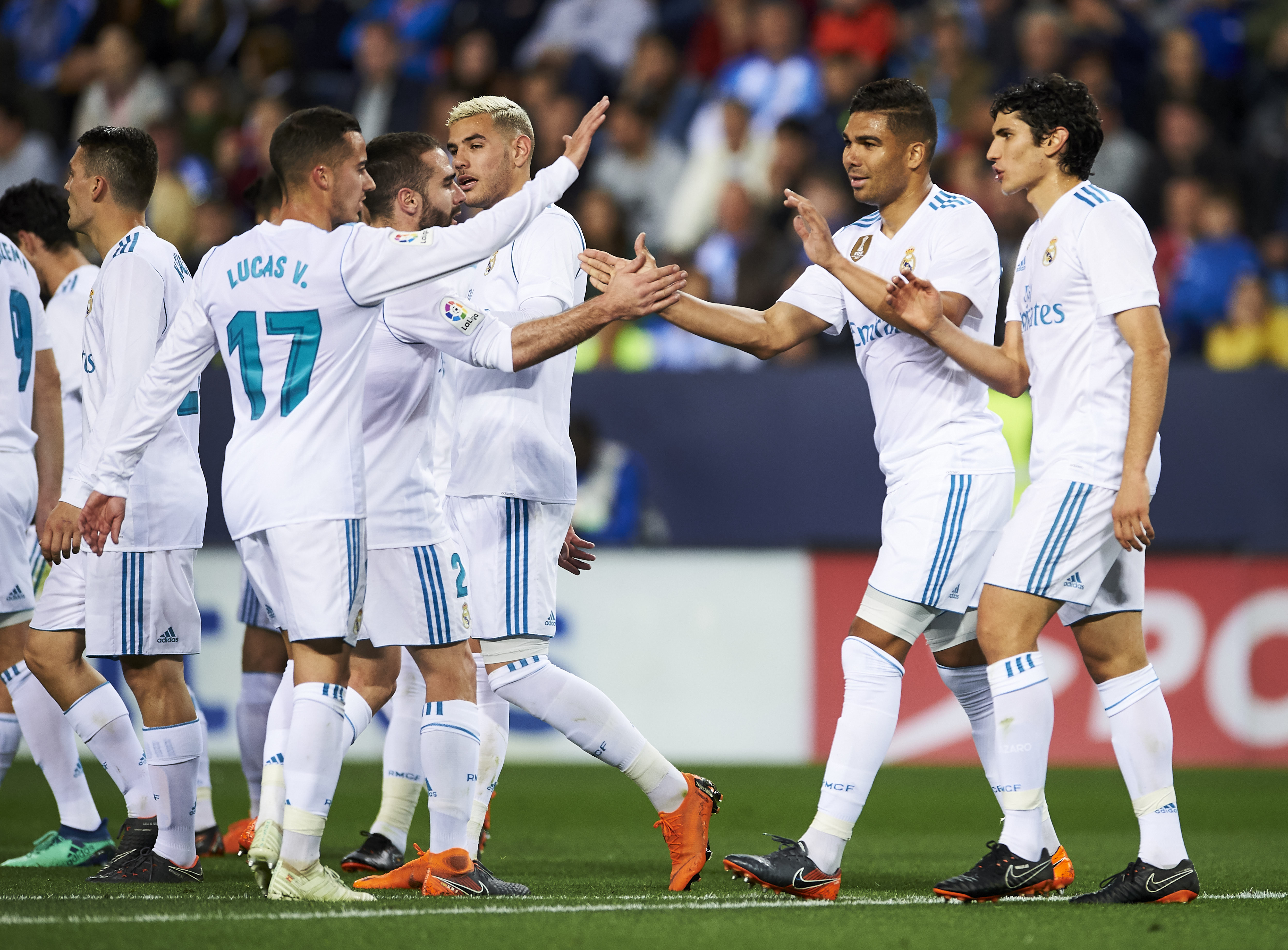 MALAGA, SPAIN - APRIL 15: Casemiro of Real Madrid celebrates after scoring his team's second goal during the La Liga match between Malaga CF and Real Madrid CF at Estadio La Rosaleda on April 15, 2018 in Malaga, Spain. (Photo by Aitor Alcalde/Getty Images)