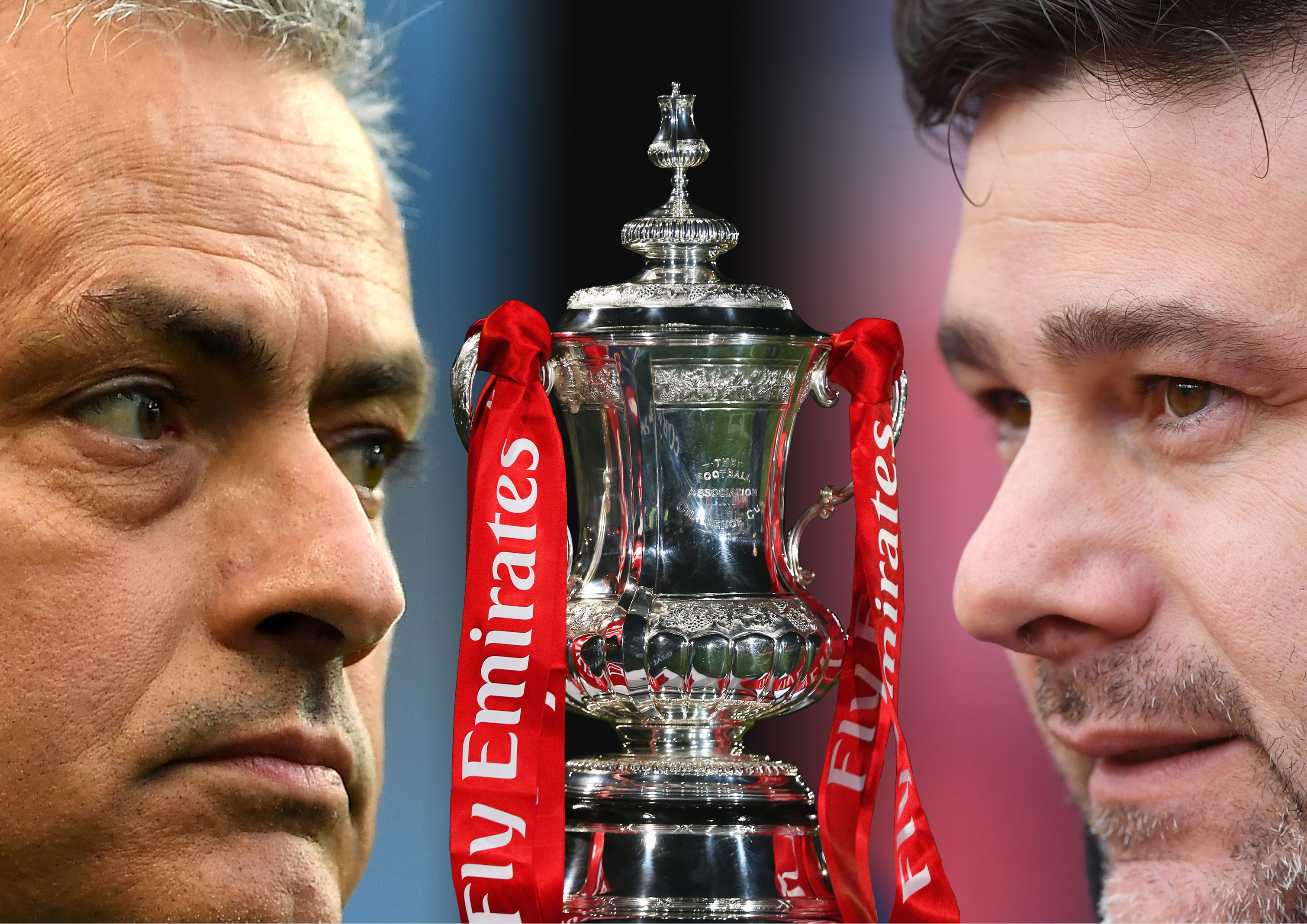 FILE PHOTO (EDITORS NOTE: GRADIENT ADDED - COMPOSITE OF TWO IMAGES - Image numbers (L) 674036840 and 942986596) In this composite image a comparison has been made between Jose Mourinho, Manager of Manchester United (L) and Mauricio Pochettino, Manager of Tottenham Hotspur. Manchester United and Tottenham Hotspur meet in a Emirates FA Cup Semi Final on April 21. 2018 at Wembley in London,England. ***LEFT IMAGE*** MANCHESTER, ENGLAND - APRIL 27: Jose Mourinho, Manager of Manchester United looks on prior to the Premier League match between Manchester City and Manchester United at Etihad Stadium on April 27, 2017 in Manchester, England. (Photo by Laurence Griffiths/Getty Images) ***RIGHT IMAGE*** STOKE ON TRENT, ENGLAND - APRIL 07: Mauricio Pochettino, Manager of Tottenham Hotspur looks on prior to the Premier League match between Stoke City and Tottenham Hotspur at Bet365 Stadium on April 7, 2018 in Stoke on Trent, England. (Photo by Gareth Copley/Getty Images)