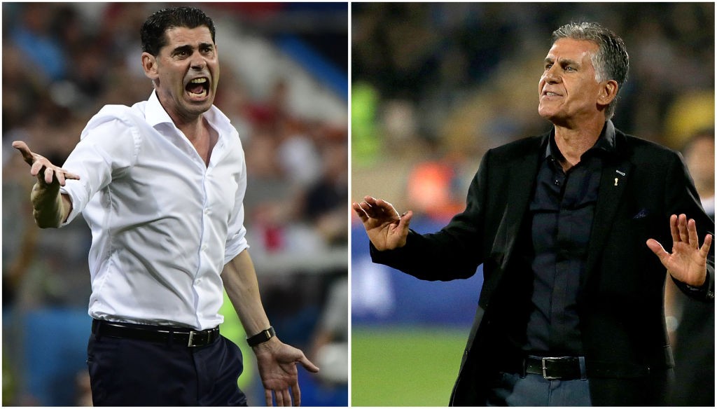 (COMBO) This combination of pictures created on June 18, 2018 shows Spain's coach Fernando Hierro (L) on June 15, 2018 in Sochi and Iran's Portuguese coach Carlos Queiroz on October 11, 2016 in Tehran. - Iran will play Spain in their Russia 2018 World Cup Group B football match on June 20, 2018. (Photo by Emmanuel DUNAND / AFP) (Photo credit should read EMMANUEL DUNAND/AFP/Getty Images)