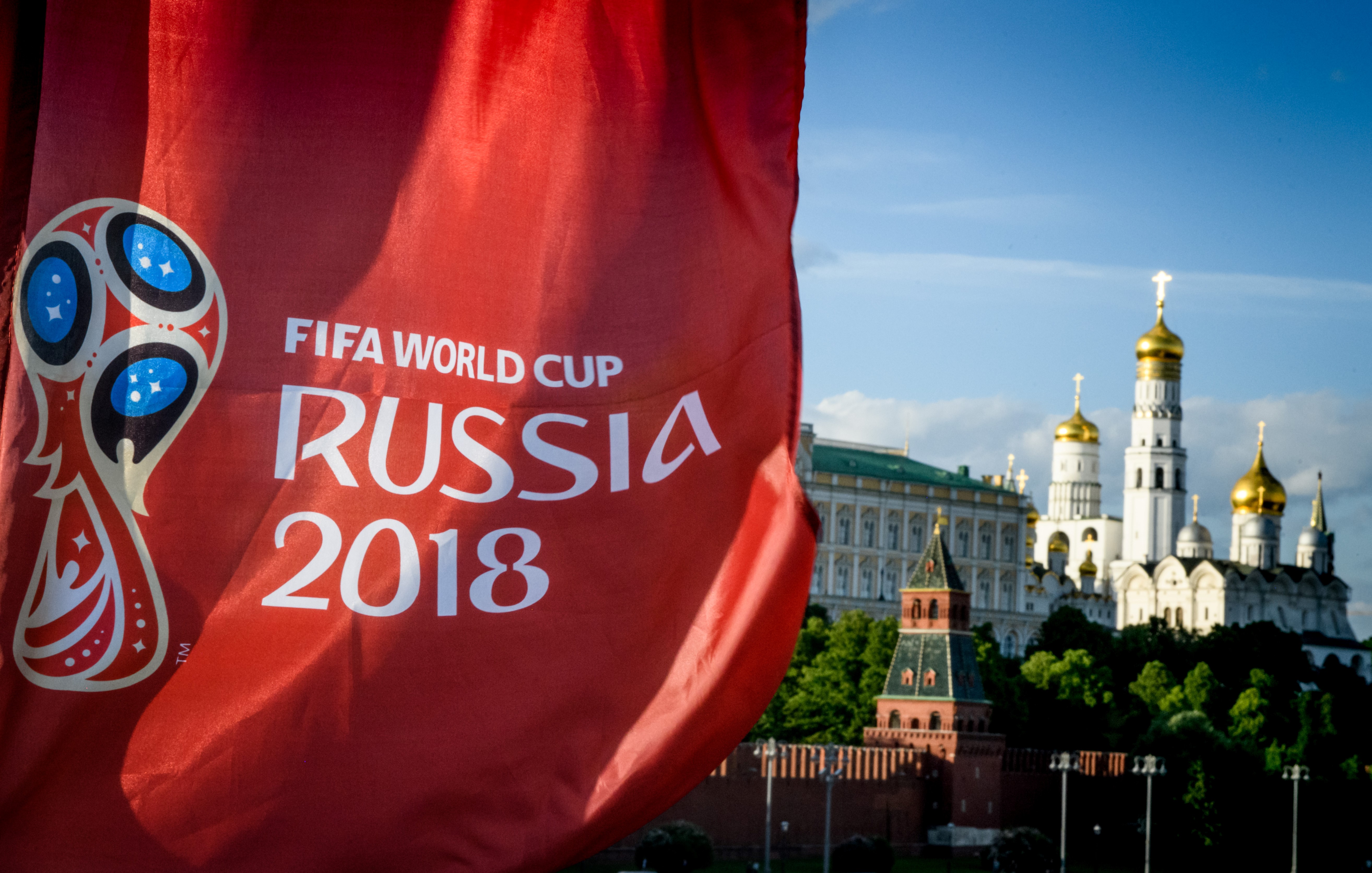A photograph taken on May 30, 2018  shows the FIFA World Cup 2018 flag in front of the Kremlin in Moscow. - The FIFA World Cup 2018 tournament kicks off on June 14, 2018. (Photo by Mladen ANTONOV / AFP)        (Photo credit should read MLADEN ANTONOV/AFP/Getty Images)