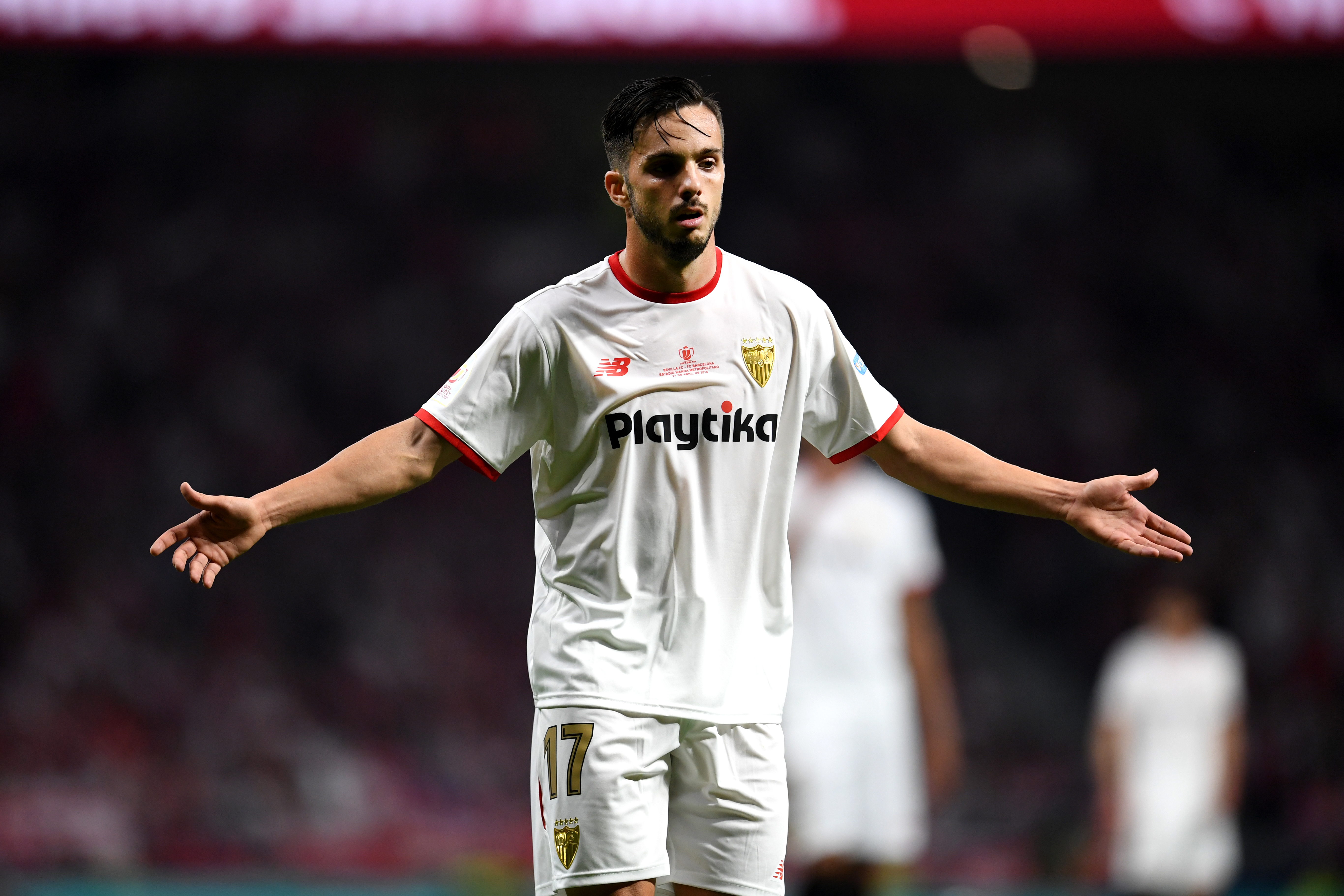 MADRID, SPAIN - APRIL 21: Sevilla's Pablo Sarabia looks dejected after Barcelona score a second during the Spanish Copa del Rey match between Barcelona and Sevilla at Wanda Metropolitano on April 21, 2018 in Barcelona, . (Photo by David Ramos/Getty Images)