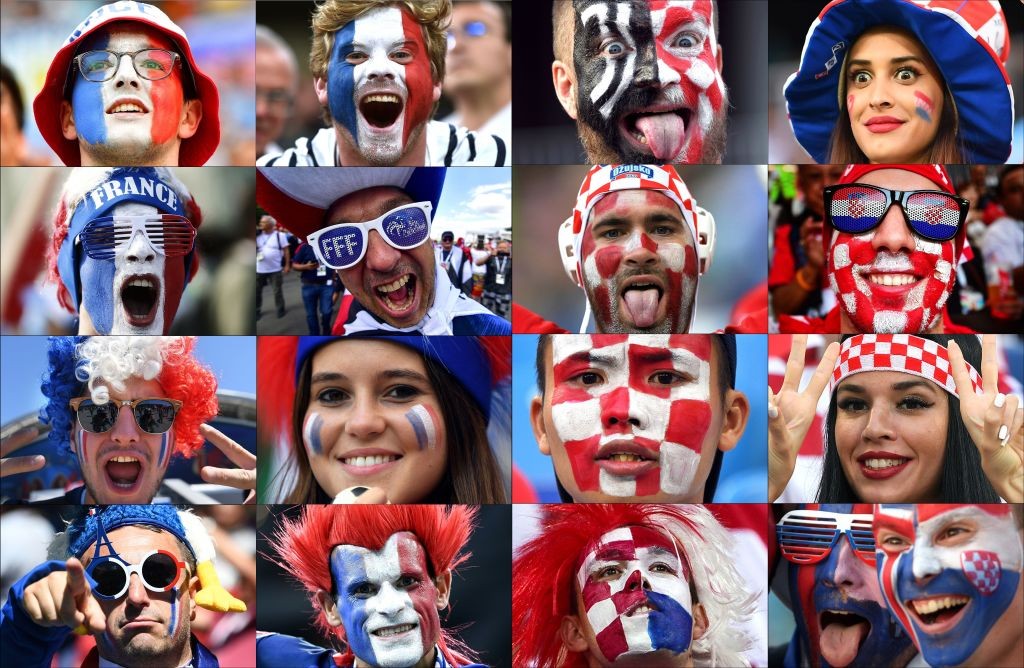 TOPSHOT - (COMBO) This combination of photographs released on July 12, 2018 shows supporters from France (L) and Croatia cheering on their teams during the Russia 2018 World Cup football tournament. - France will play Croatia in the Russia 2018 World Cup final football match at the Luzhniki Stadium in Moscow on July 15, 2018. (Photo by - / AFP) / RESTRICTED TO EDITORIAL USE - NO MOBILE PUSH ALERTS/DOWNLOADS (Photo credit should read -/AFP/Getty Images)