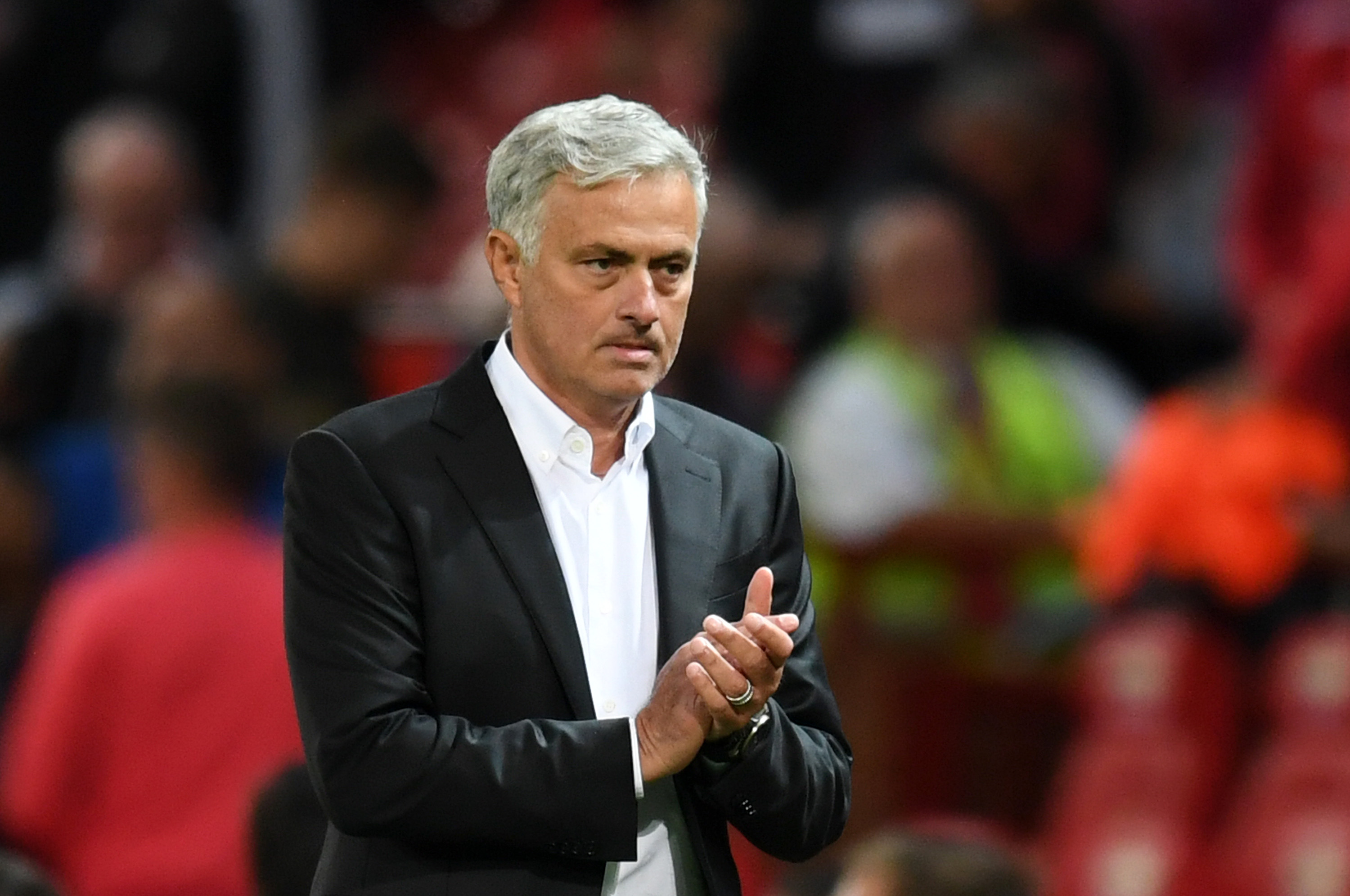 MANCHESTER, ENGLAND - AUGUST 10: Jose Mourinho, Manager of Manchester United reacts during the Premier League match between Manchester United and Leicester City at Old Trafford on August 10, 2018 in Manchester, United Kingdom. (Photo by Michael Regan/Getty Images)