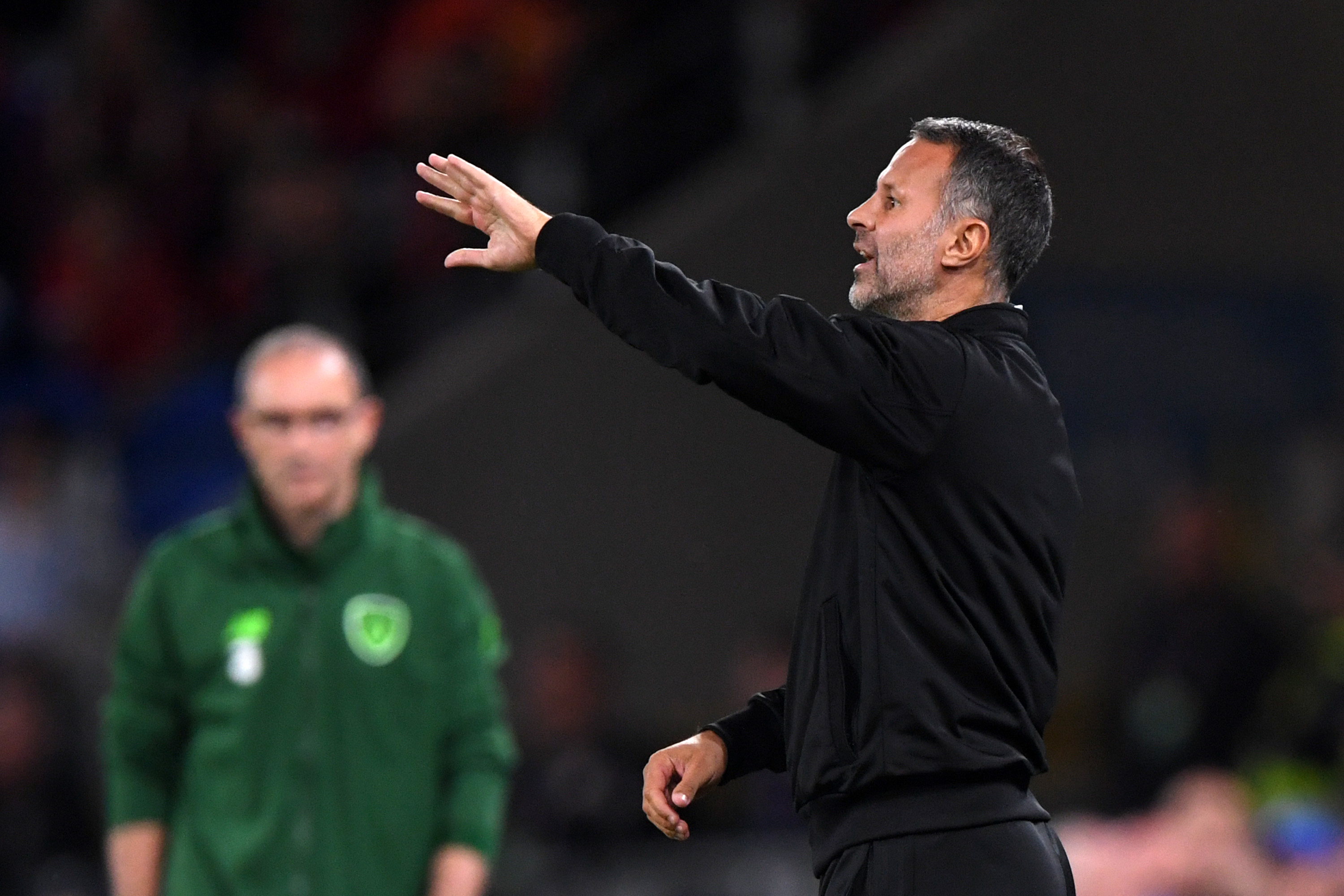 CARDIFF, WALES - SEPTEMBER 06:  Ryan Giggs, Manager of Wales gives his team instructions during the UEFA Nations League B group four match between Wales and Republic of Ireland at Cardiff City Stadium on September 6, 2018 in Cardiff, United Kingdom.  (Photo by Stu Forster/Getty Images)