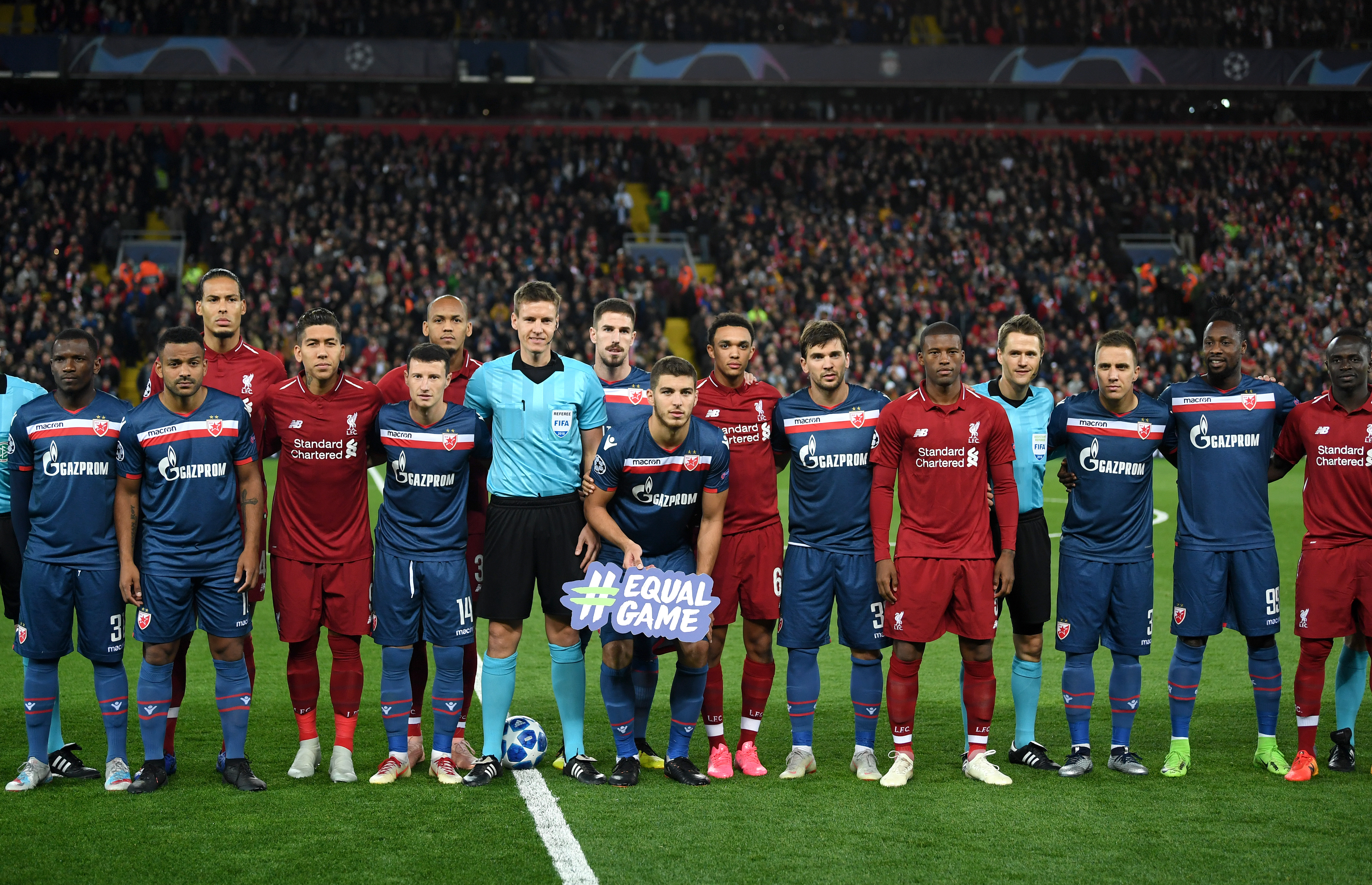 LIVERPOOL, ENGLAND - OCTOBER 24: Liverpool and FK Crvena Zvezda players line up prior to the Group C match of the UEFA Champions League between Liverpool and FK Crvena Zvezda at Anfield on October 24, 2018 in Liverpool, United Kingdom. (Photo by Michael Regan/Getty Images)