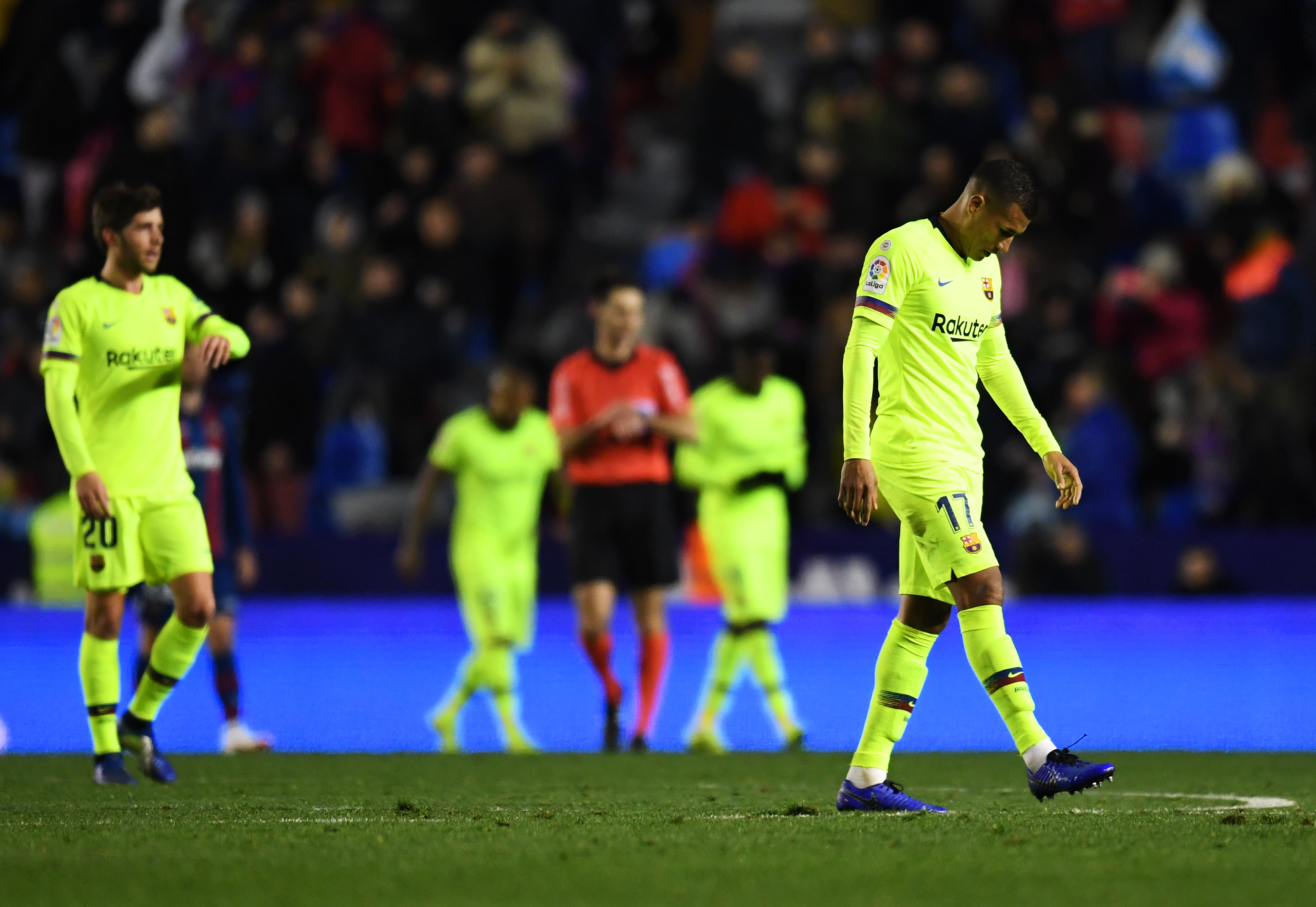 VALENCIA, SPAIN - JANUARY 10: Jeison Murillo of Barcelona looks dejected in defeat after the Copa del Rey Round of 16 match between Levante and FC Barcelona at Ciutat de Valencia on January 10, 2019 in Valencia, Spain. (Photo by David Ramos/Getty Images)