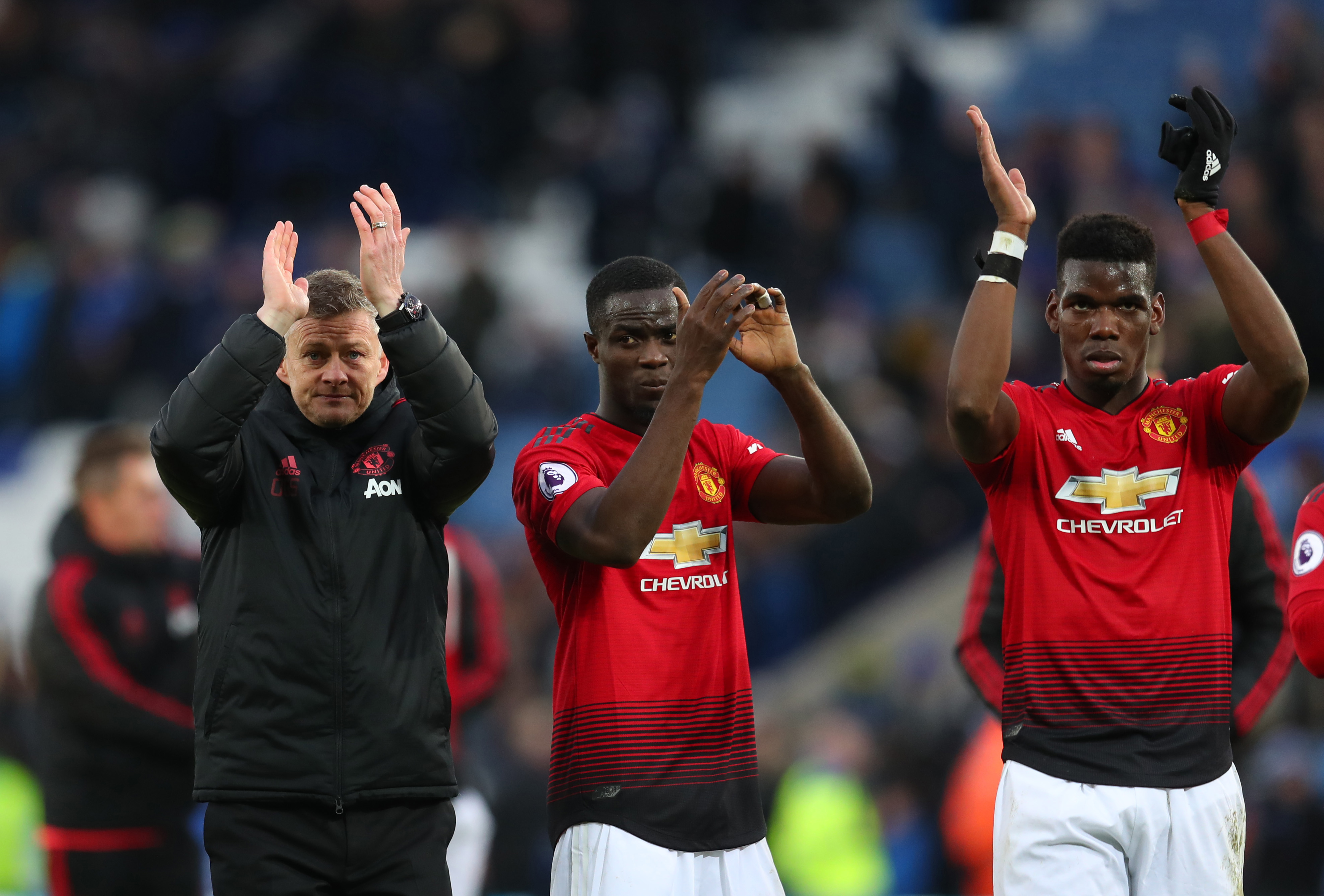 LEICESTER, ENGLAND - FEBRUARY 03: Ole Gunnar Solskjaer interim manager of Manchester United with Eric Bailly and Paul Pogba after the Premier League match between Leicester City and Manchester United at The King Power Stadium on February 03, 2019 in Leicester, United Kingdom. (Photo by Catherine Ivill/Getty Images)