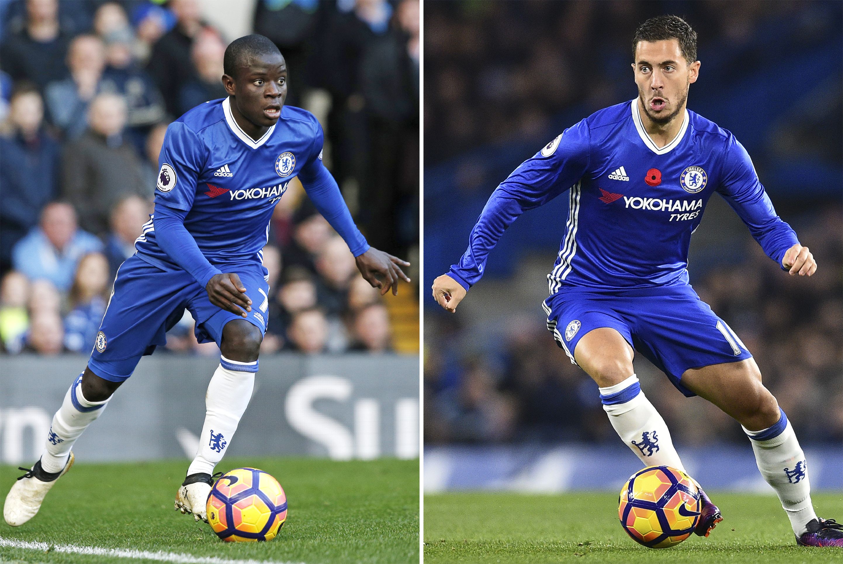 A combo picture shows Chelsea's French midfielder N'Golo Kante (L) and Chelsea's Belgian midfielder Eden Hazard in action during Premier league matches.
N'Golo Kante and Eden Hazard have seen their key roles in Chelsea's bid for the Premier League title acknowledged with nominations for England's Professional Footballers' Association Player of the Year award on April 13, 2017. / AFP PHOTO / Glyn KIRK (Photo credit should read GLYN KIRK/AFP/Getty Images)