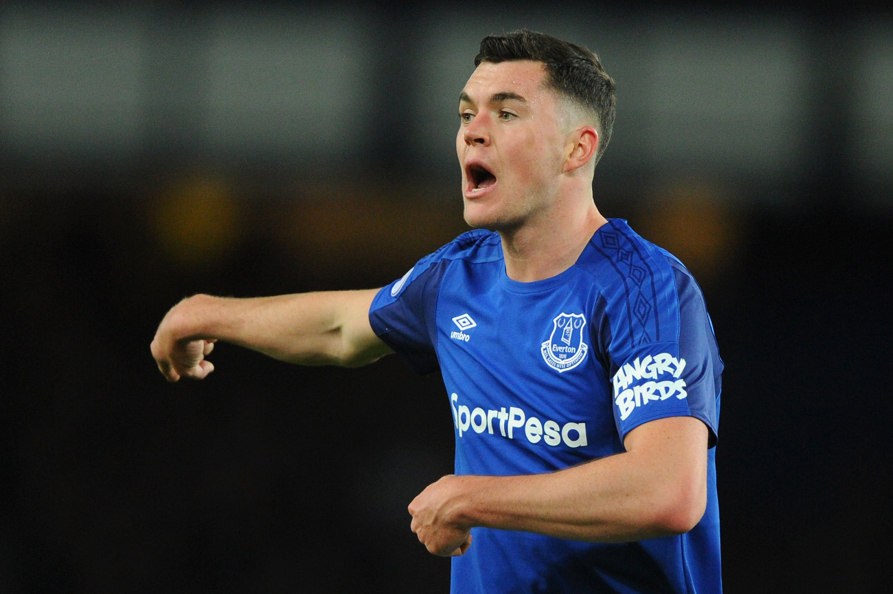 LIVERPOOL, ENGLAND - APRIL 23: Michael Keane of Everton reacts during the Premier League match between Everton and Newcastle United at Goodison Park on April 23, 2018 in Liverpool, England. (Photo by Nathan Stirk/Getty Images)