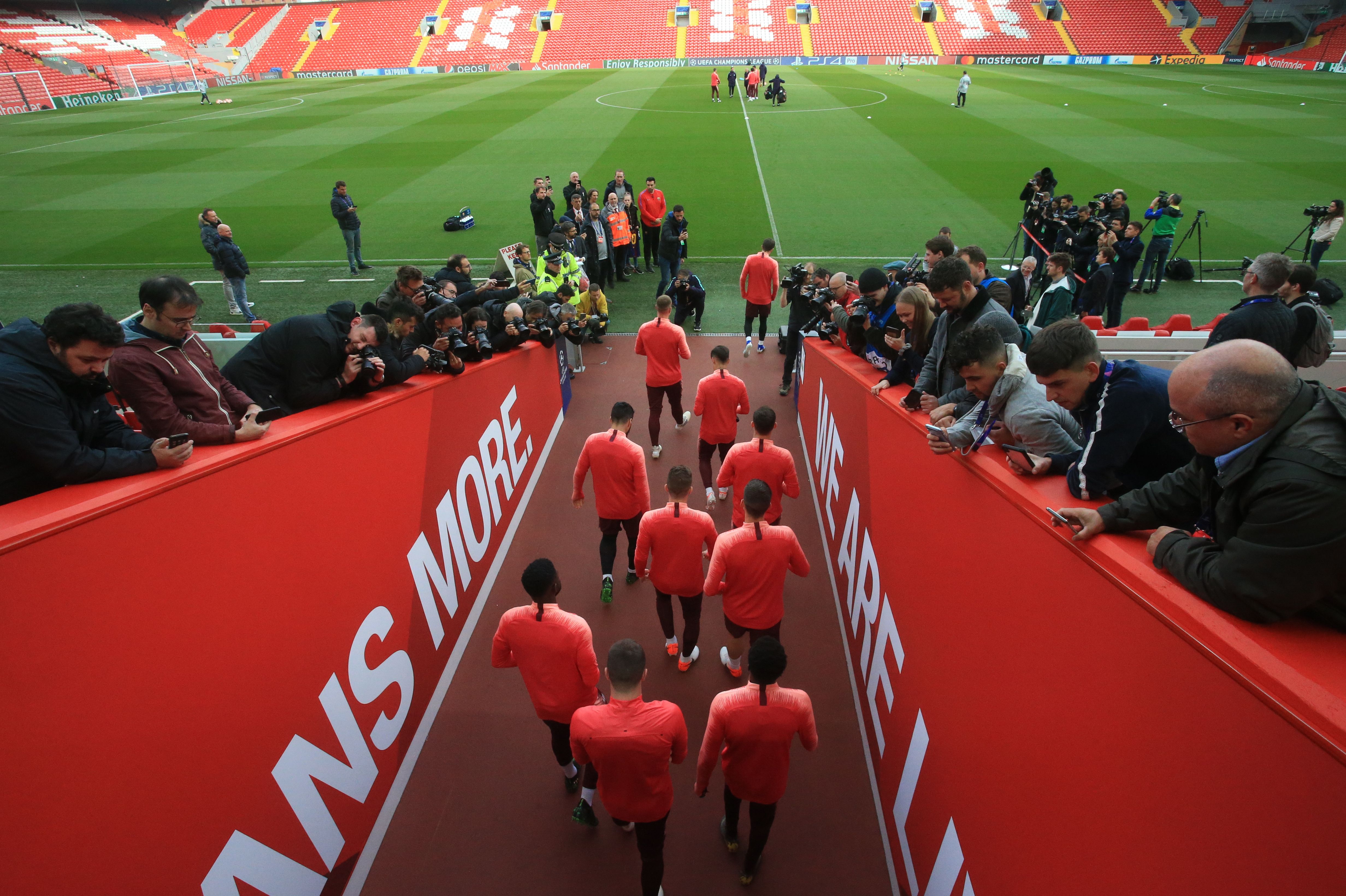 Barcelona players come out for a training session at Anfield stadium in Liverpool, north west England on on May 6, 2019, on the eve of their UEFA Champions League semi-final second leg football match against Liverpool. (Photo by Lindsey PARNABY / AFP) (Photo credit should read LINDSEY PARNABY/AFP/Getty Images)