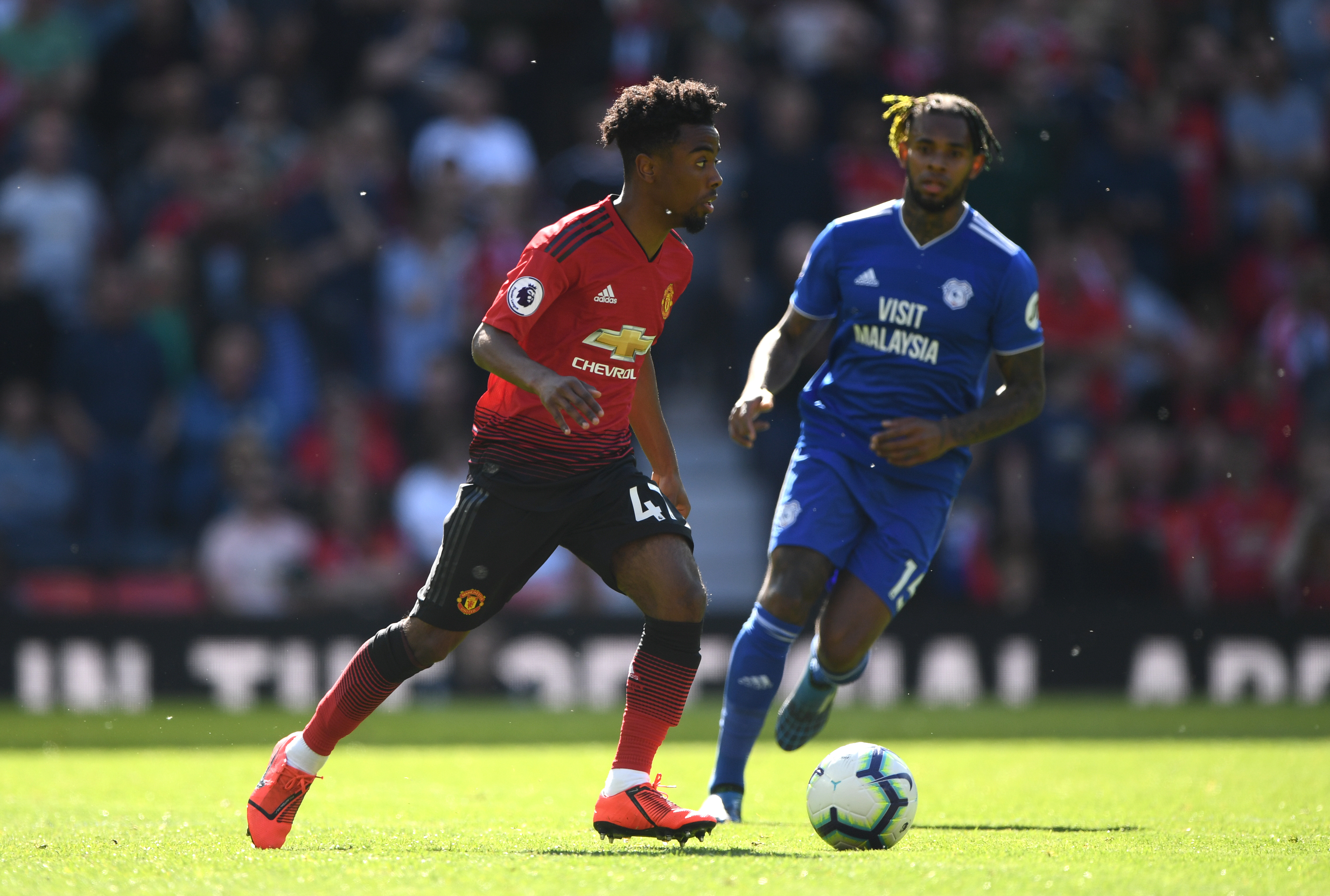 MANCHESTER, ENGLAND - MAY 12: United player Angel Gomes in action during the Premier League match between Manchester United and Cardiff City at Old Trafford on May 12, 2019 in Manchester, United Kingdom. (Photo by Stu Forster/Getty Images)