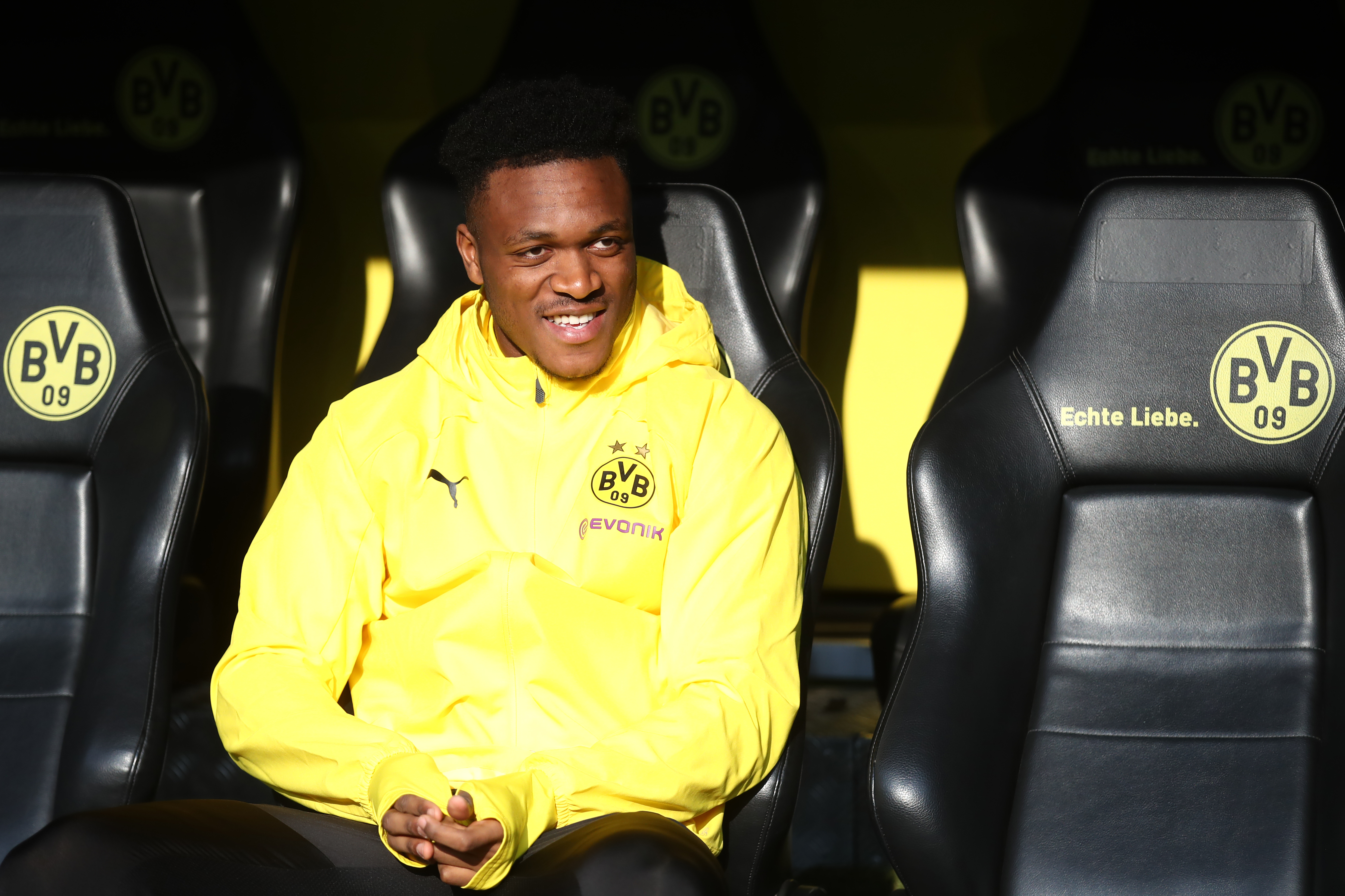 DORTMUND, GERMANY - APRIL 13: Dan-Axel Zagadou of Dortmund sits on the bench prior to the Bundesliga match between Borussia Dortmund and 1. FSV Mainz 05 at Signal Iduna Park on April 13, 2019 in Dortmund, Germany. (Photo by Alex Grimm/Bongarts/Getty Images)