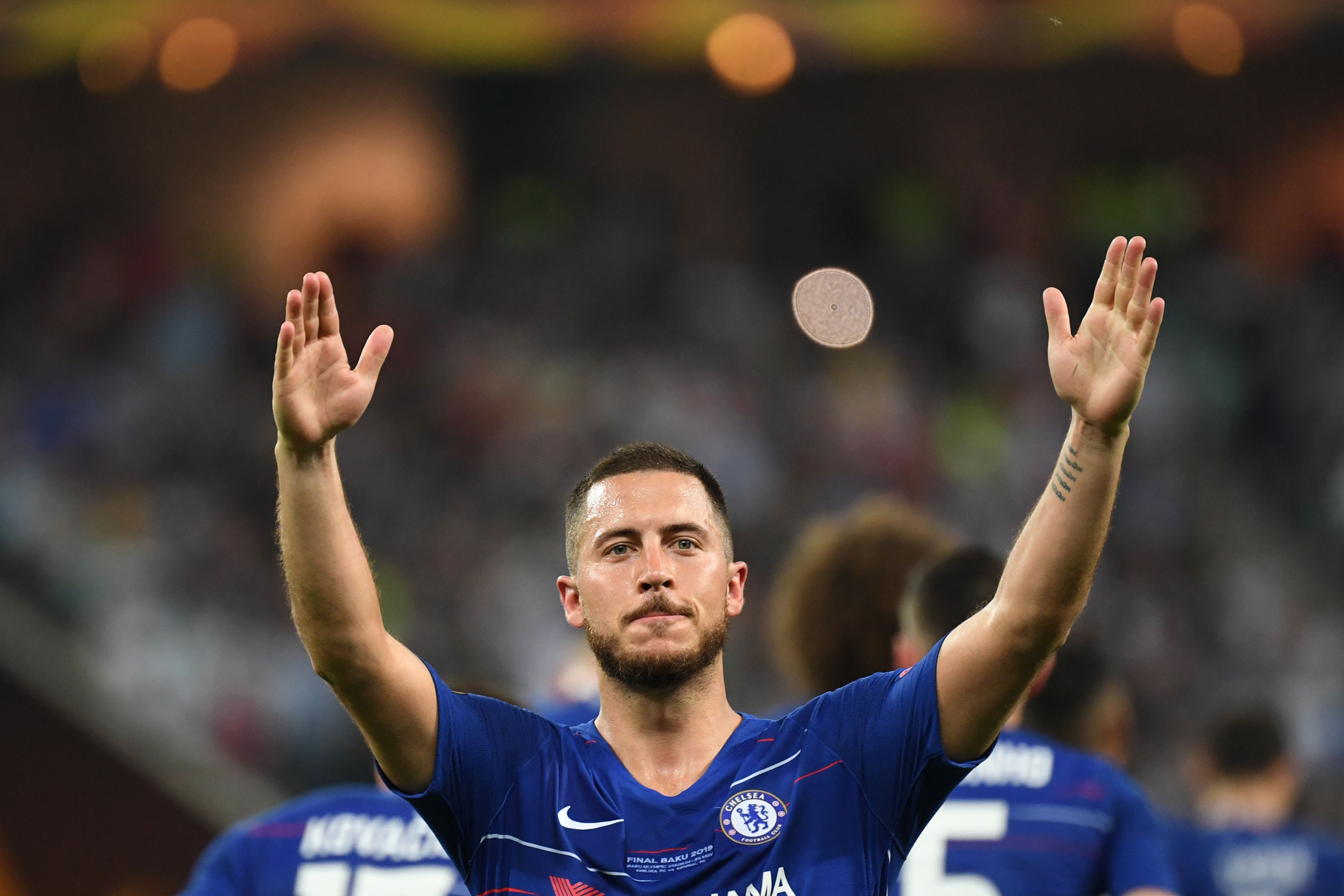 Chelsea's Belgian midfielder Eden Hazard celebrates after celebrates after scoring a goal during the UEFA Europa League final football match between Chelsea FC and Arsenal FC at the Baku Olympic Stadium in Baku, Azerbaijian, on May 29, 2019. (Photo by OZAN KOSE / AFP) (Photo credit should read OZAN KOSE/AFP/Getty Images)