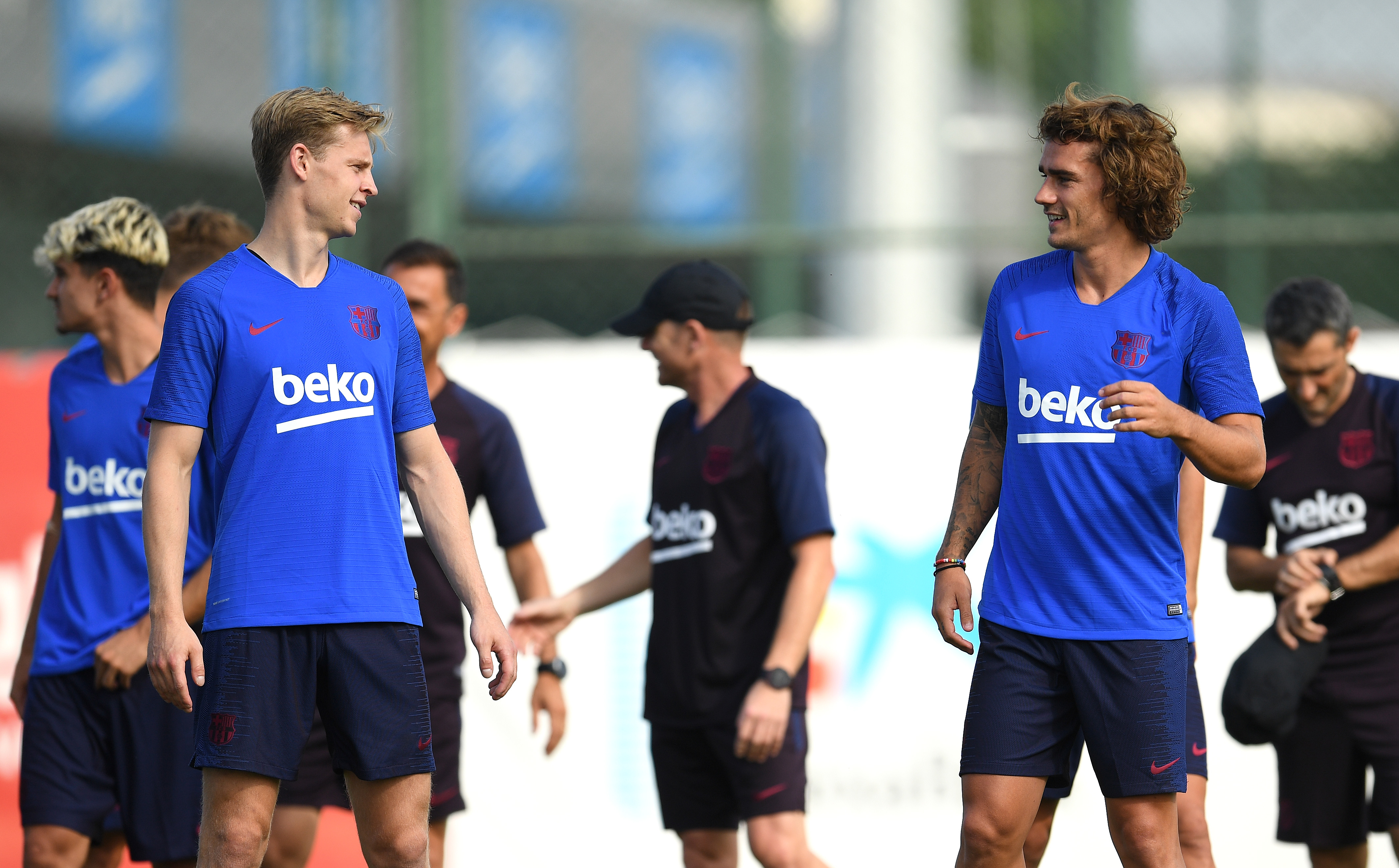 BARCELONA, SPAIN - JULY 15: Frenkie de Jong (L) and Antoine Griezmann of FC Barcelona look on during a training session at Ciutat Esportiva of Sant Joan Despi on July 15, 2019 in Barcelona, Spain. (Photo by David Ramos/Getty Images)