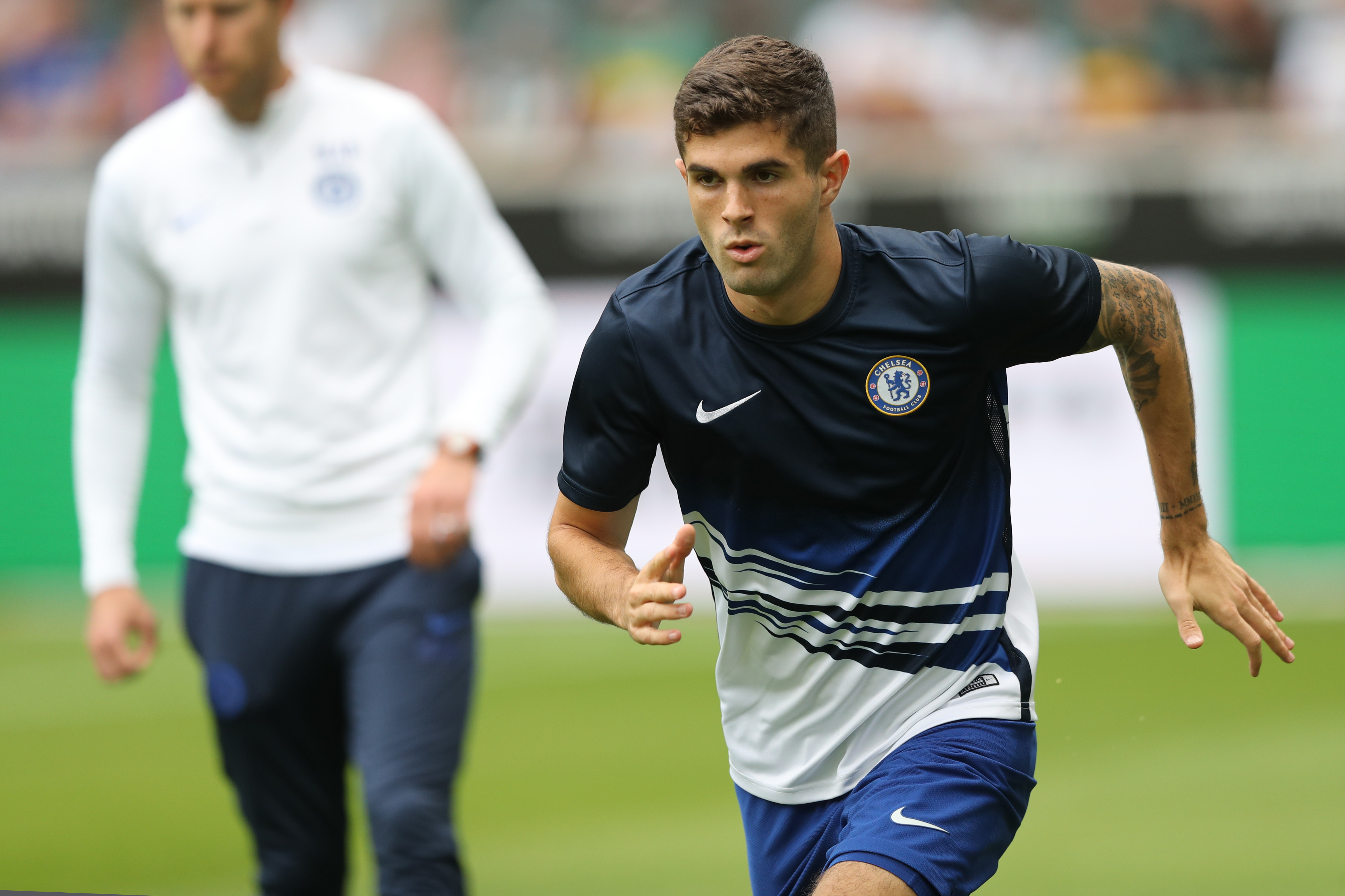 MOENCHENGLADBACH, GERMANY - AUGUST 03: Christian Pulisic of Chelsea prepares prior to the pre-season friendly match between Borussia Moenchengladbach and FC Chelsea at Borussia-Park on August 03, 2019 in Moenchengladbach, Germany. The match between Moenchengladbach and Chelsea ended 2-2. (Photo by Christof Koepsel/Bongarts/Getty Images)