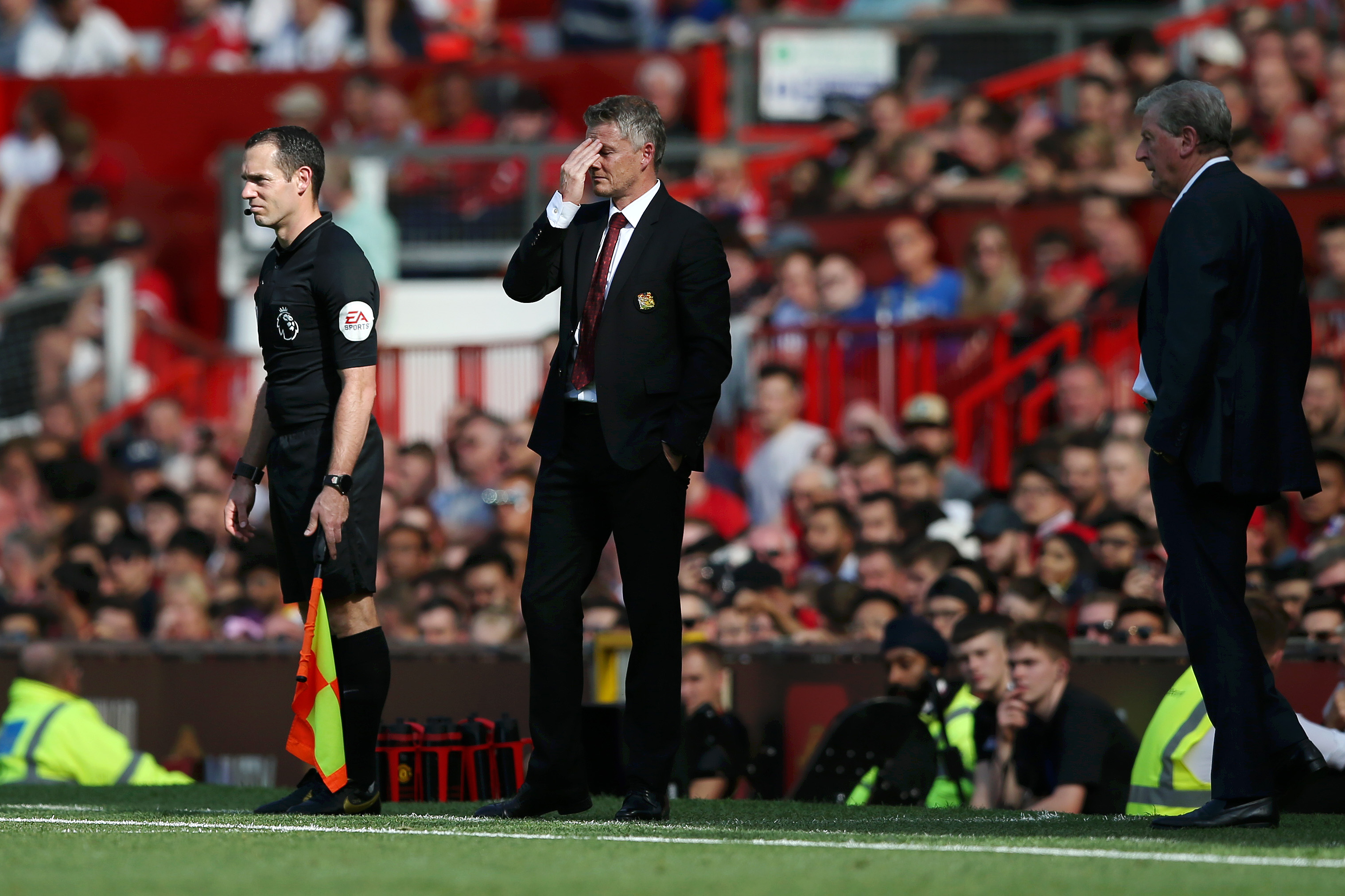 MANCHESTER, ENGLAND - AUGUST 24: Ole Gunnar Solskjaer, Manager of Manchester United reacts during the Premier League match between Manchester United and Crystal Palace at Old Trafford on August 24, 2019 in Manchester, United Kingdom. (Photo by Jan Kruger/Getty Images)