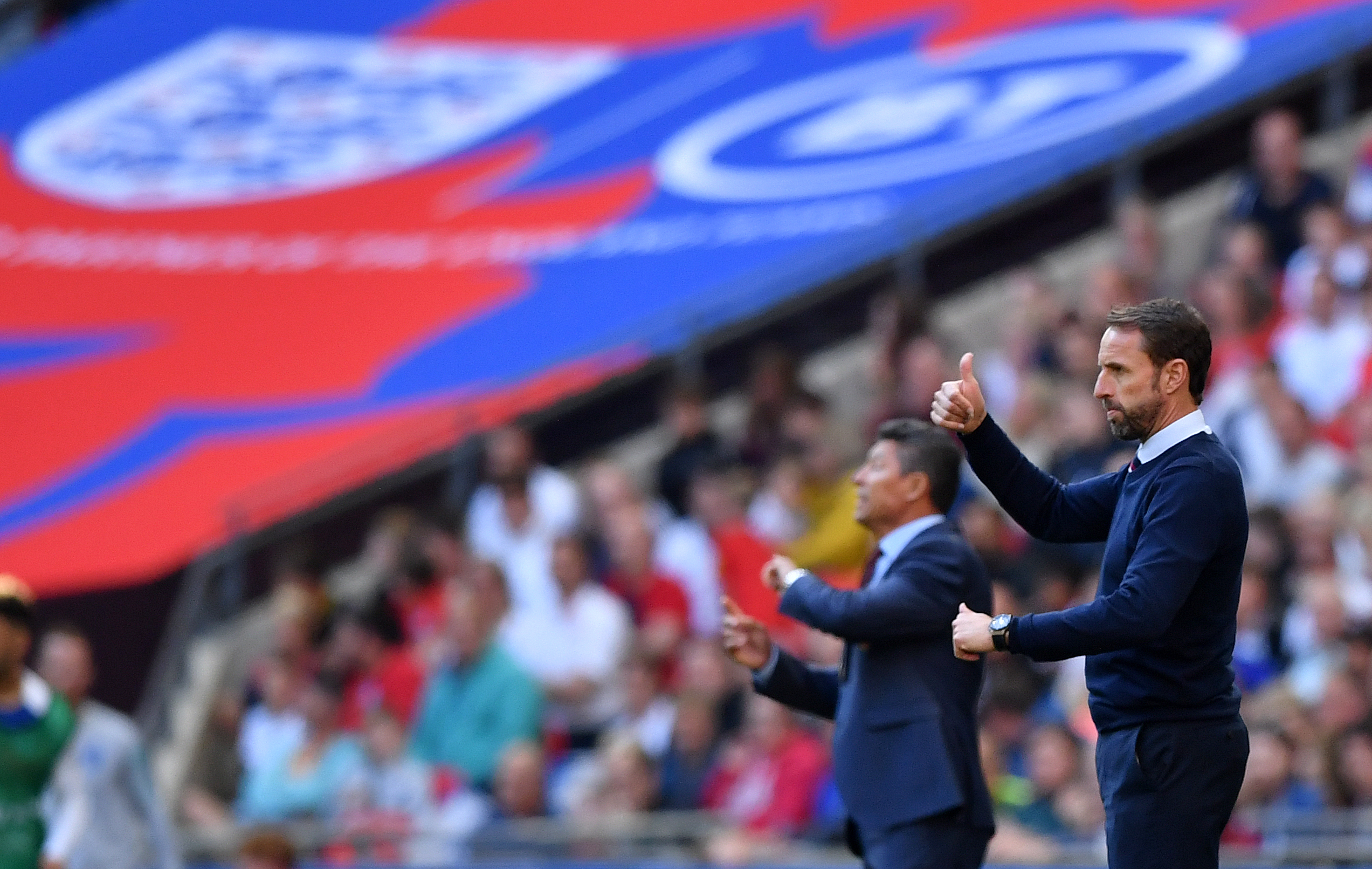 England's manager Gareth Southgate shouts instructions to his players from the touchline during the UEFA Euro 2020 qualifying first round Group A football match between England and Bulgaria at Wembley Stadium in London on September 7, 2019. (Photo by Ben STANSALL / AFP) / NOT FOR MARKETING OR ADVERTISING USE / RESTRICTED TO EDITORIAL USE (Photo credit should read BEN STANSALL/AFP/Getty Images)