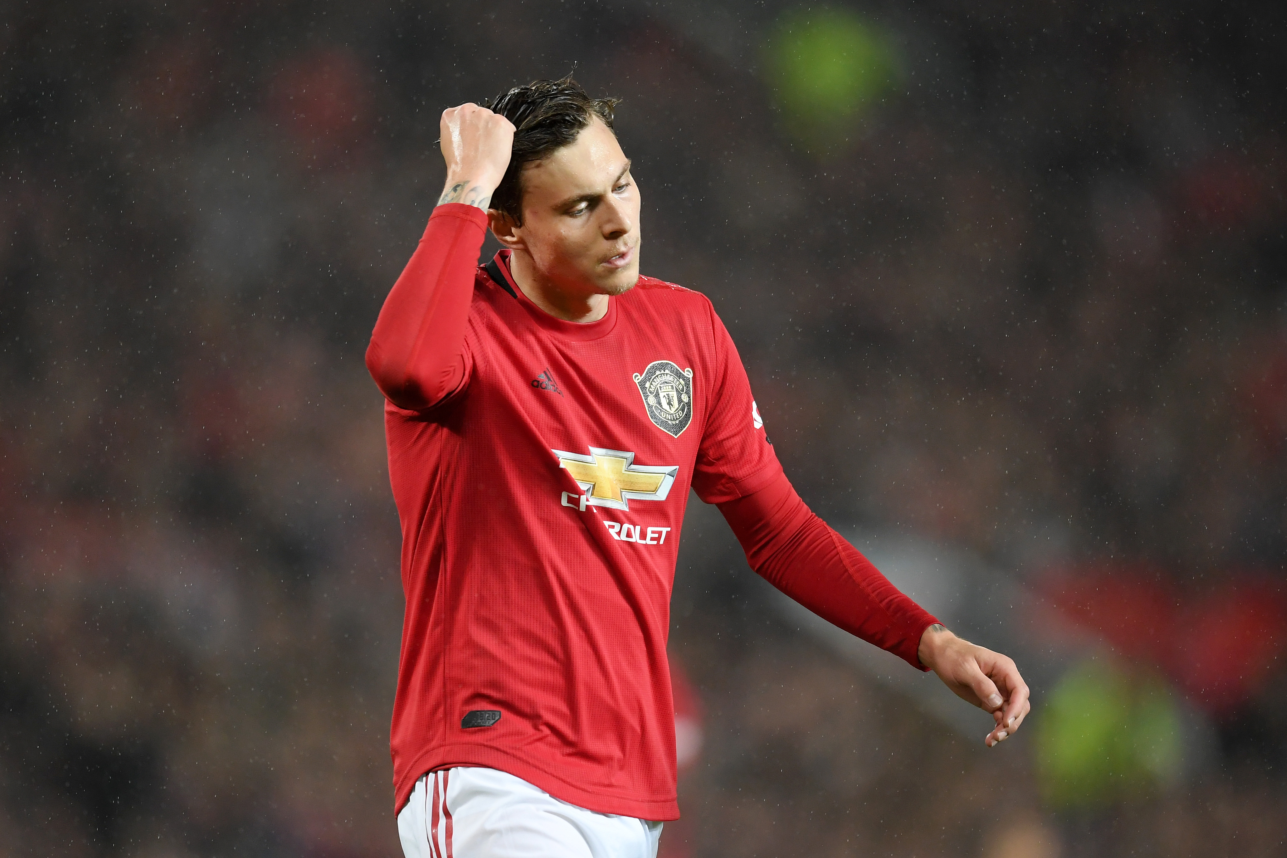 MANCHESTER, ENGLAND - SEPTEMBER 30: Victor Lindelof of Manchester United reacts during the Premier League match between Manchester United and Arsenal FC at Old Trafford on September 30, 2019 in Manchester, United Kingdom. (Photo by Michael Regan/Getty Images)